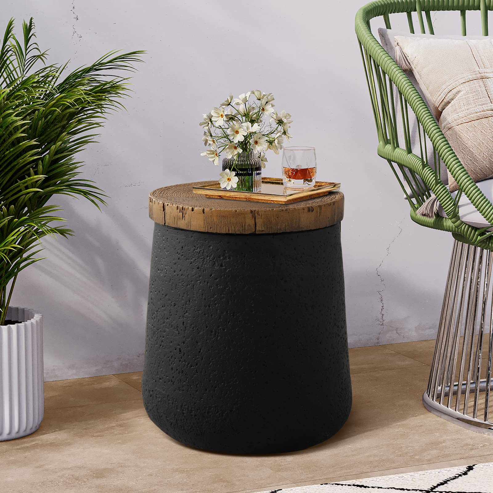 Stylish 2-Piece Outdoor Side Table Set - Black Drum End Tables with Faux-Wood Top & Hand-Painted Tree Trunk Design - Perfect for Patio, Garden, or Poolside Decor