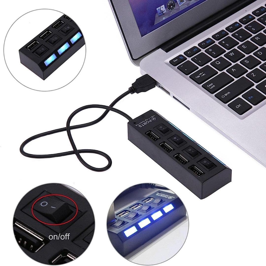 4-Port USB 2.0 Hub with LED Indicators & Power Switches - Portable USB Extension Hub for Laptop, PC, Mac - Expand Connectivity for Keyboard, Mouse, Printer & External Storage (Black)