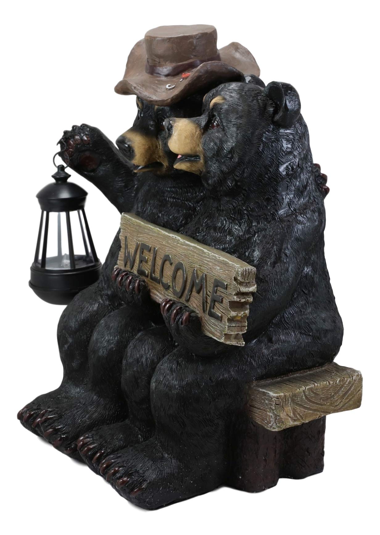 Ebros Rustic Forest Black Bear Couple Statue with Solar LED Lantern - Valentine's Garden Decor for Pathways, Parks & Outdoor Spaces