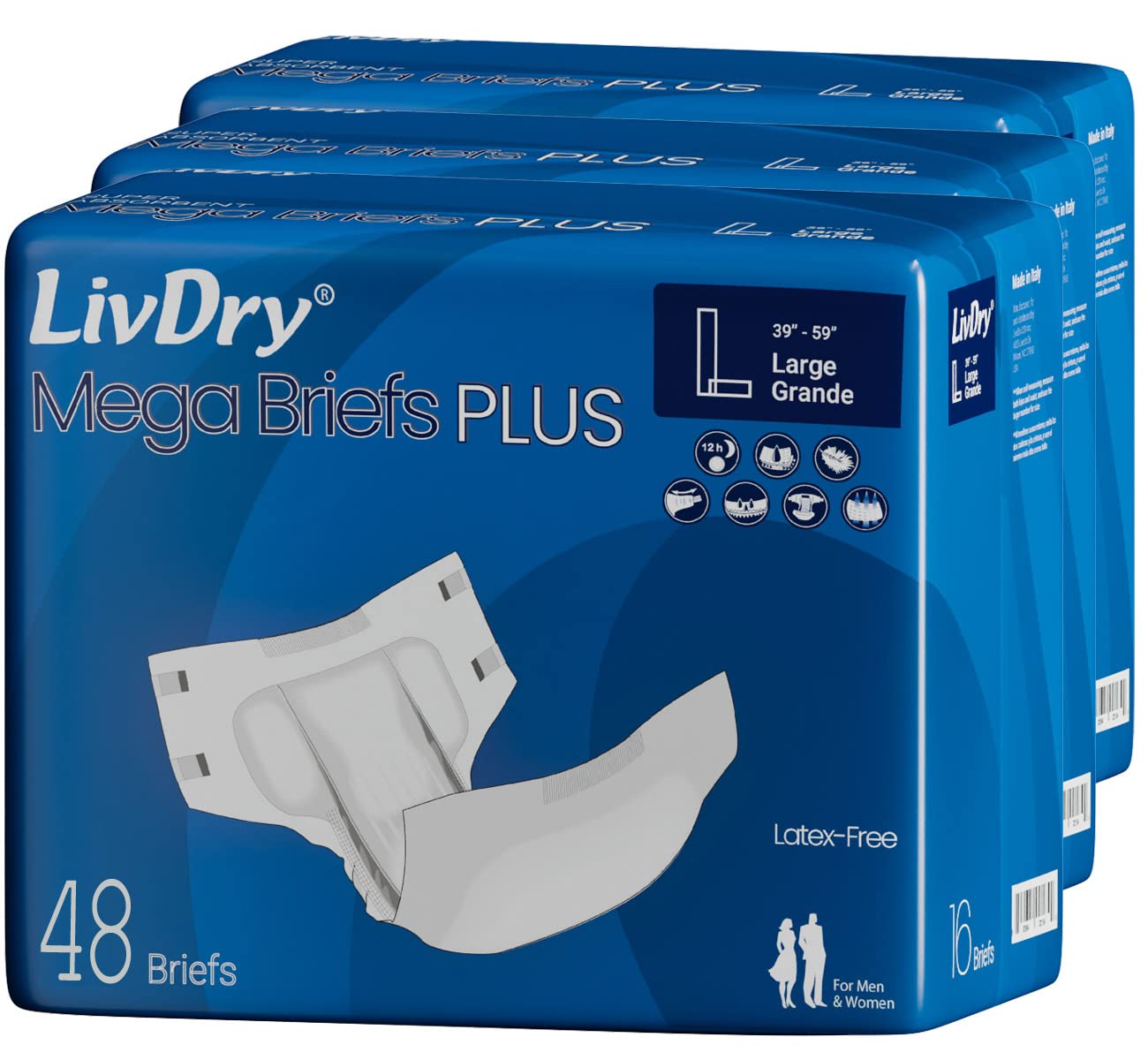 LivDry MegaBriefs Adult Diapers with Tabs - Maximum 12-Hour Protection, Super Absorbent Incontinence Underwear for Men & Women - Leakproof Briefs (Large, 48-Pack) - Ideal for Overnight Use, Travel, and Active Lifestyles