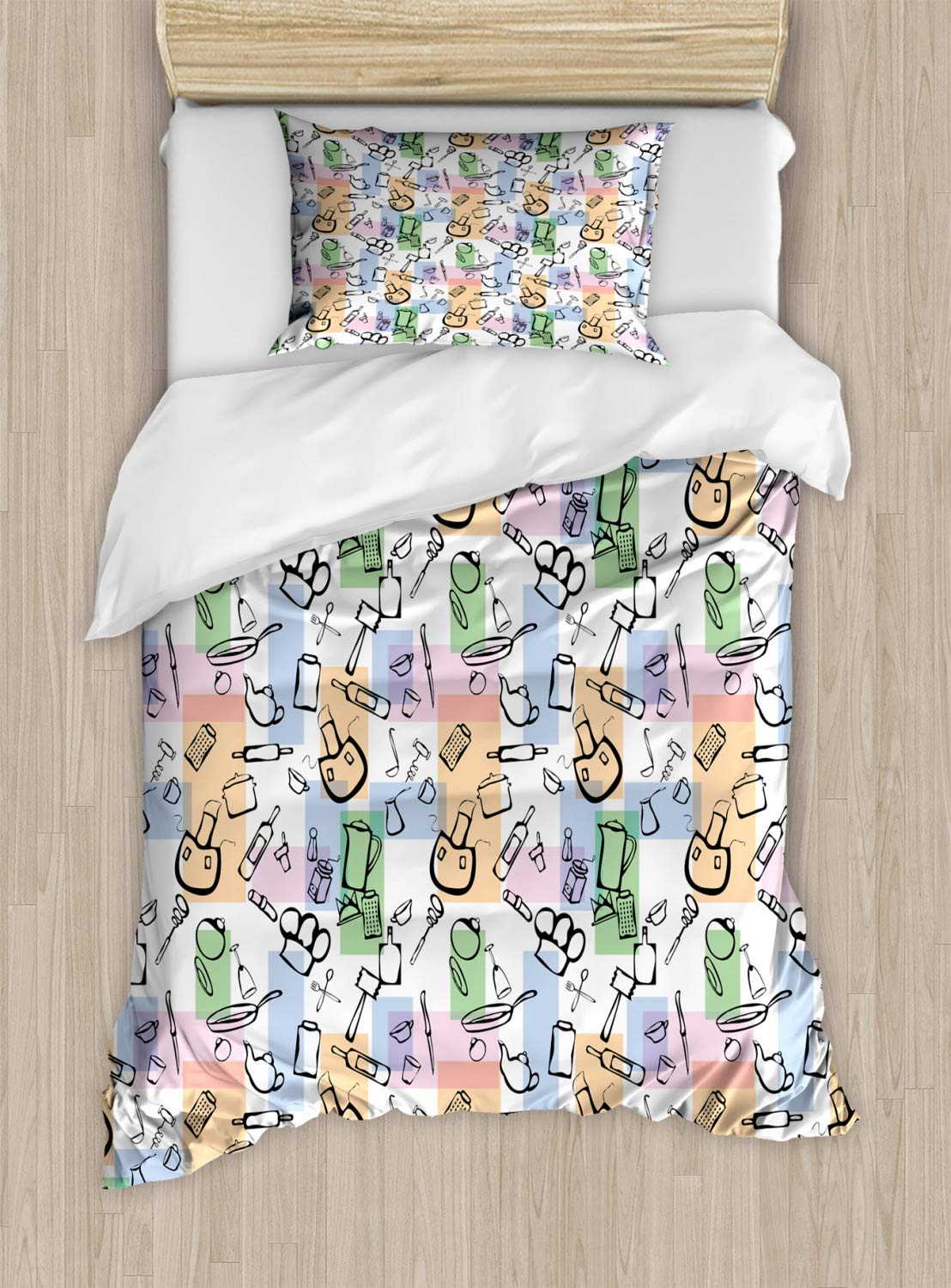 Ambesonne Abstract Duvet Cover Set - Kitchen & Chef's Table Design with Colorful Rectangles, 2-Piece Twin Size Bedding Set with Pillow Sham in Sky Blue & Peach | Perfect for Modern Bedrooms, Guest Rooms & Dorm Decor