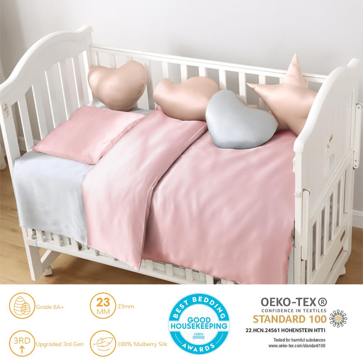 Premium 23mm 6A+ Grade 100% Mulberry Silk Crib Duvet Cover Set - 2 Piece Baby & Toddler Bedding with Free Laundry Bag | Ultra Soft Breathable Nursery Bedding for Newborns, Infants & Kids | Perfect for Nursery, Daycare & Travel
