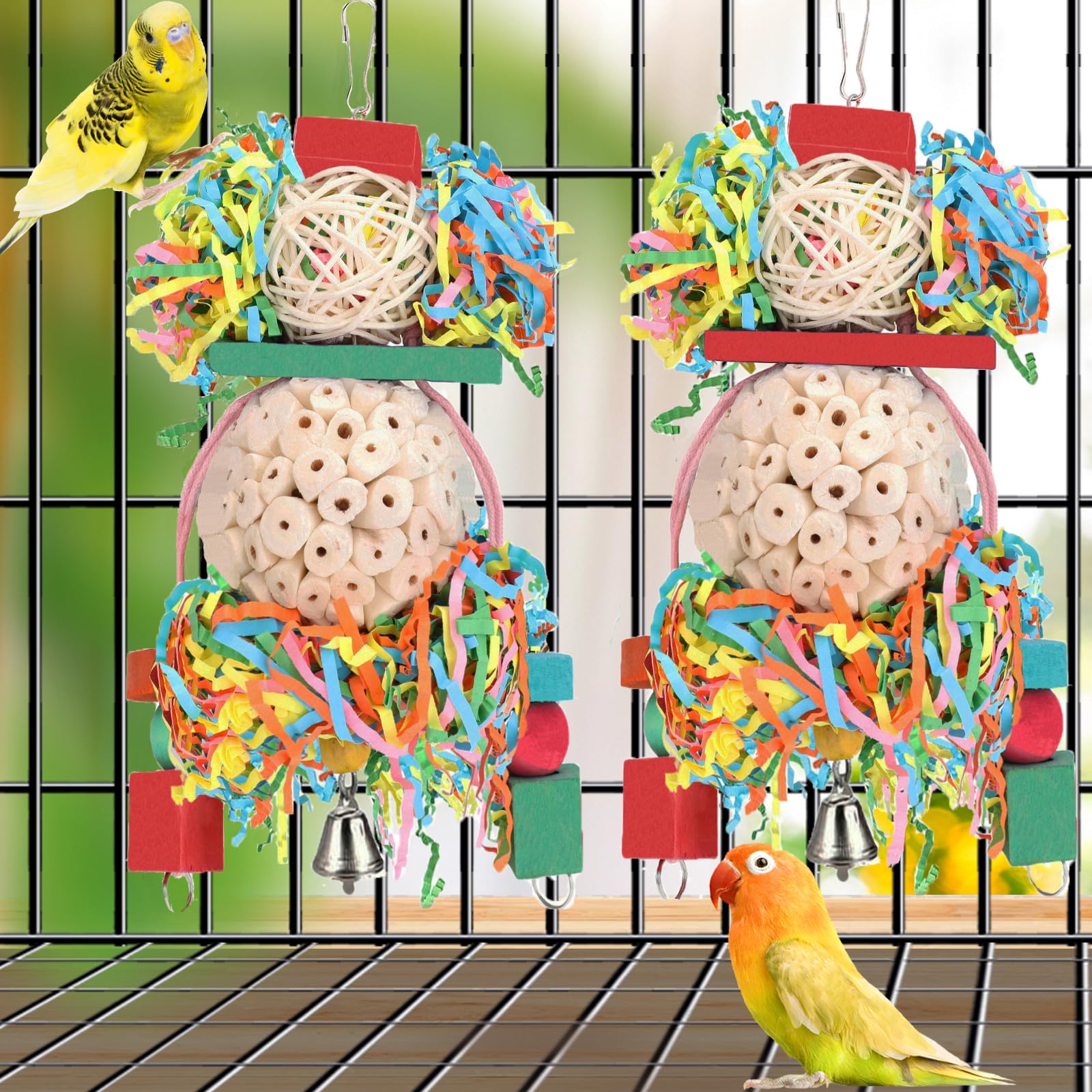 BBjinronjy 2PCS Natural Soft Sola Ball Bird Chew Toys - Hanging Forage & Shred Toys for Parrots, Cockatiels, Conures, Love Birds, Parakeets, Budgies | Perfect for Cage Enrichment & Beak Exercise