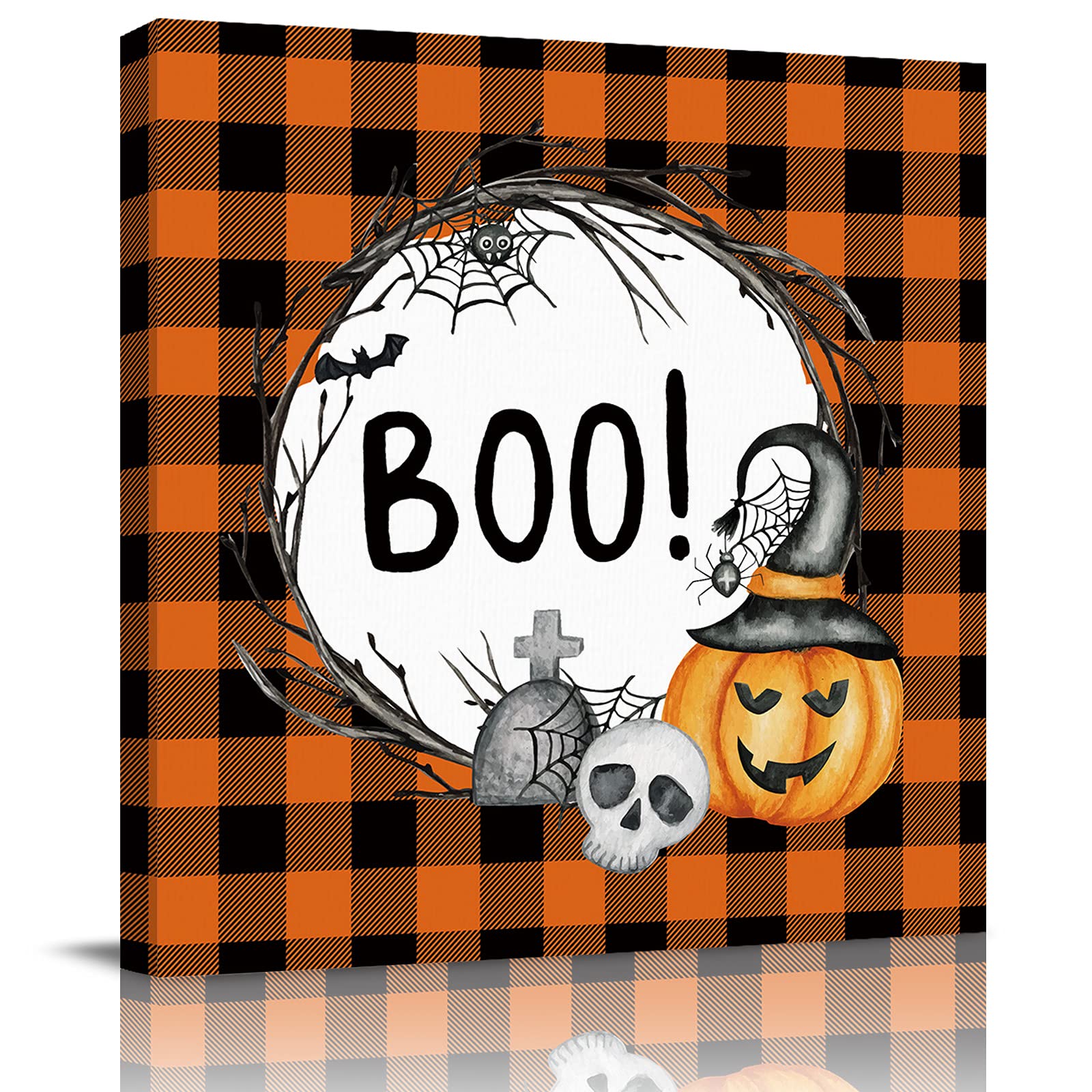 ERXPOOD Halloween Canvas Wall Art - Framed Square Oil Painting with Skull, Pumpkins & Graveyard Design - Ready to Hang Home Decor for Living Room, Bedroom, Bathroom & Kitchen - Perfect for Halloween Party Decorations & Spooky Home Atmosphere