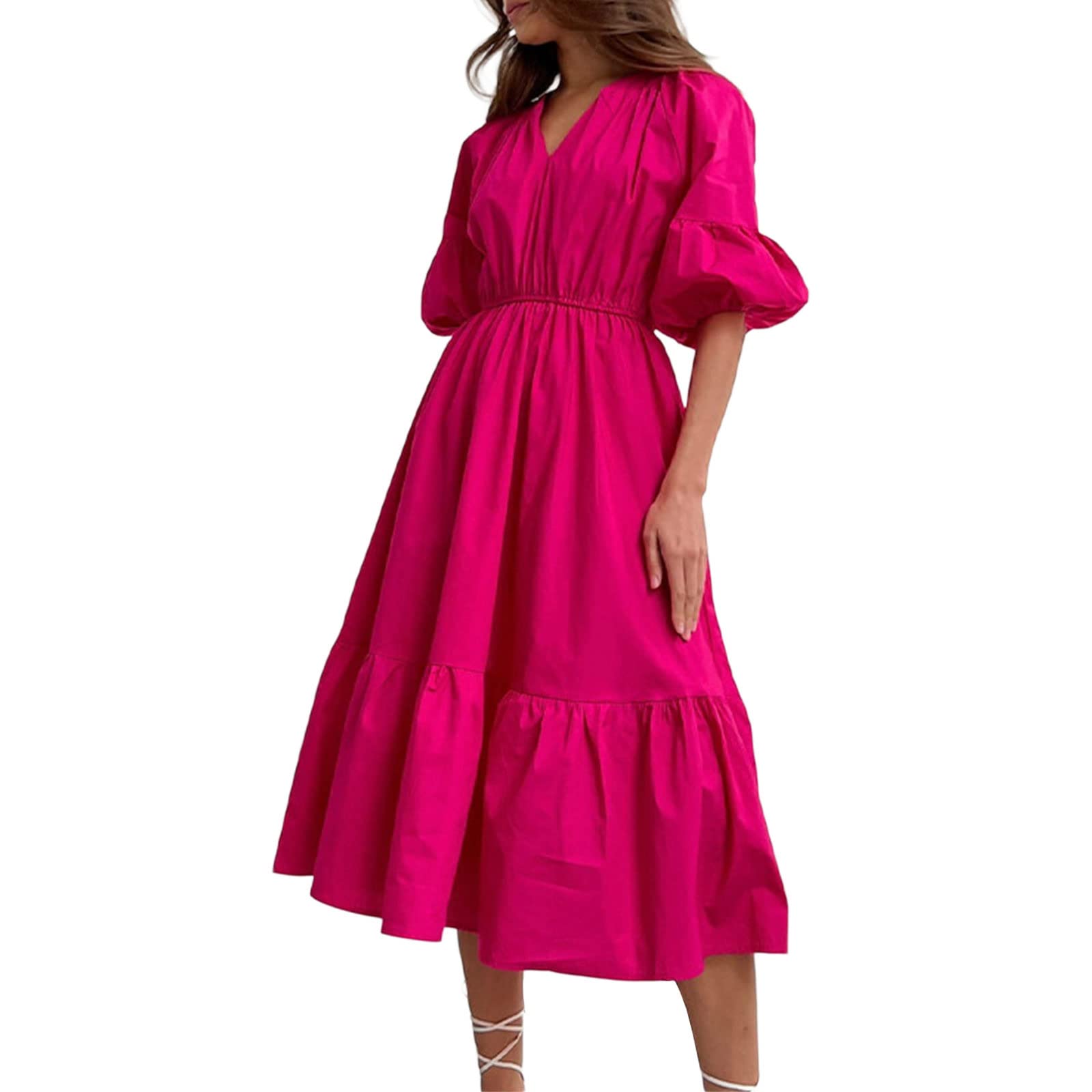 GLKCENQX Women's V-Neck Ruffle A-Line Long Dress with Puff Sleeves & Elastic Waist - Summer Beach Dress for Vacation, Party, Wedding Guest Outfit