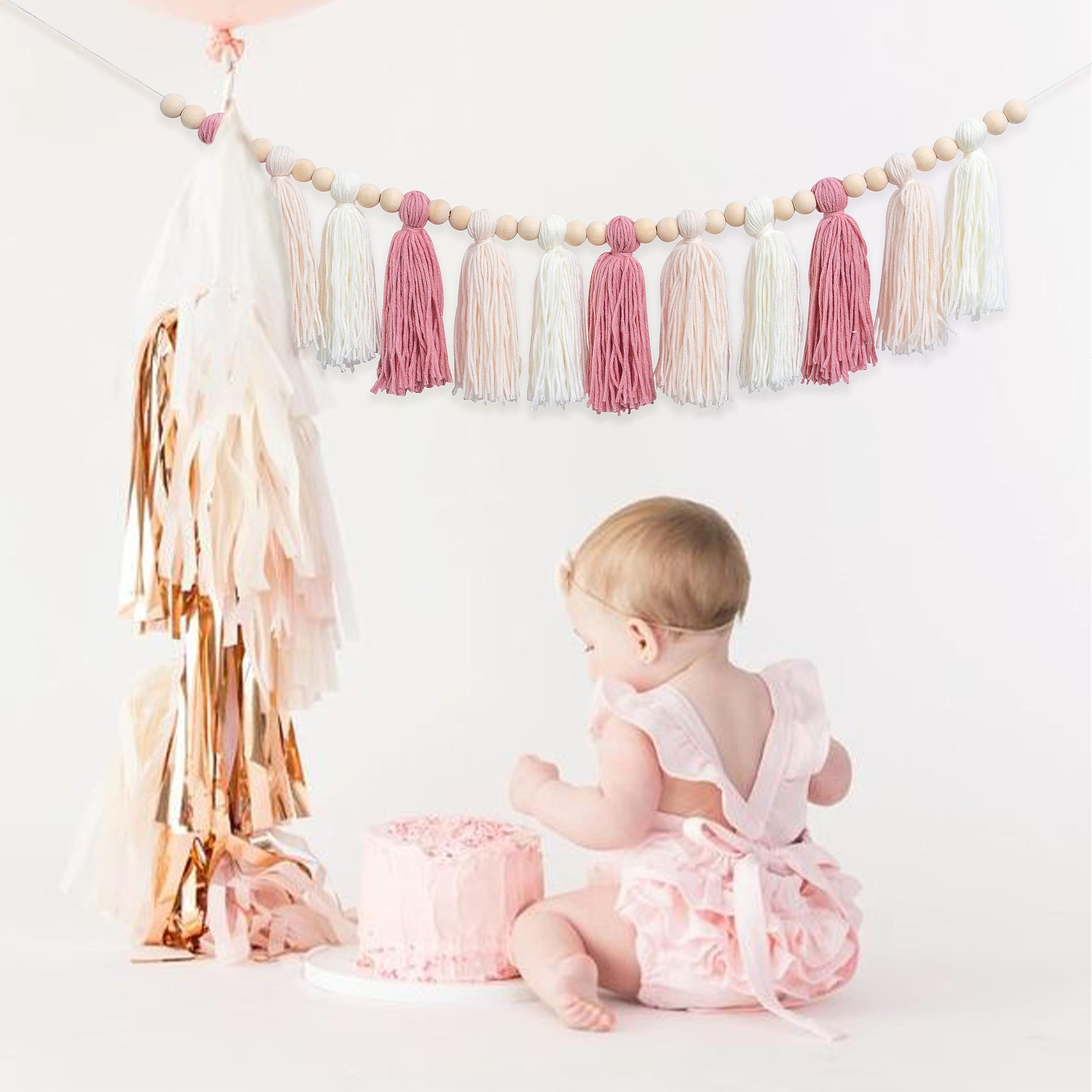 Boho Pastel Garland - Beige Tassel Decor for Birthday Party, Cake Smash Photos, Baby Nursery & Living Room Mantel | Perfect for Baby Showers, Wedding Backdrops and Home Decor