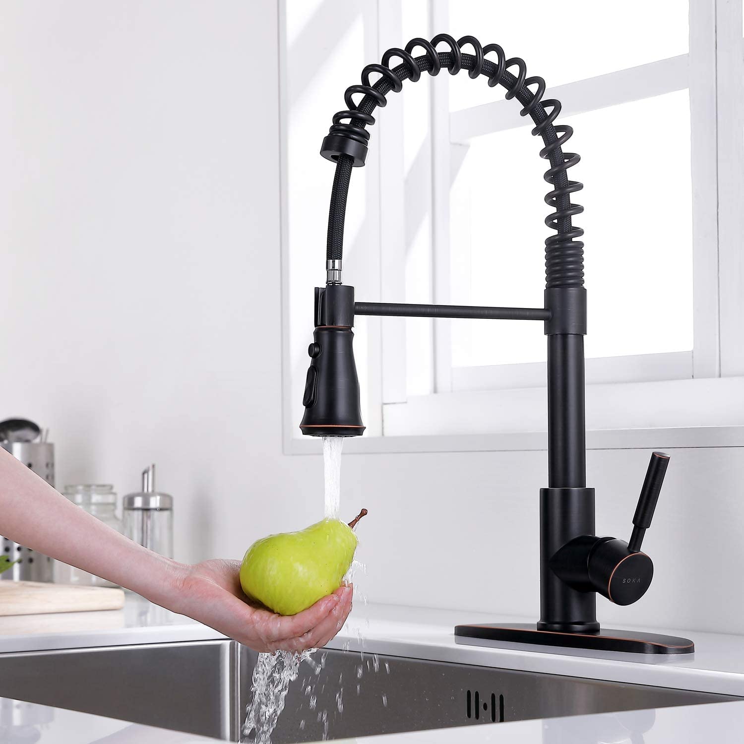 Oil Rubbed Bronze Commercial Kitchen Faucet with Pull Down Sprayer - Single Handle Modern RV Faucet with Deck Plate - 3 Function Laundry Sink Faucet for Restaurants, Food Trucks & Home Kitchens