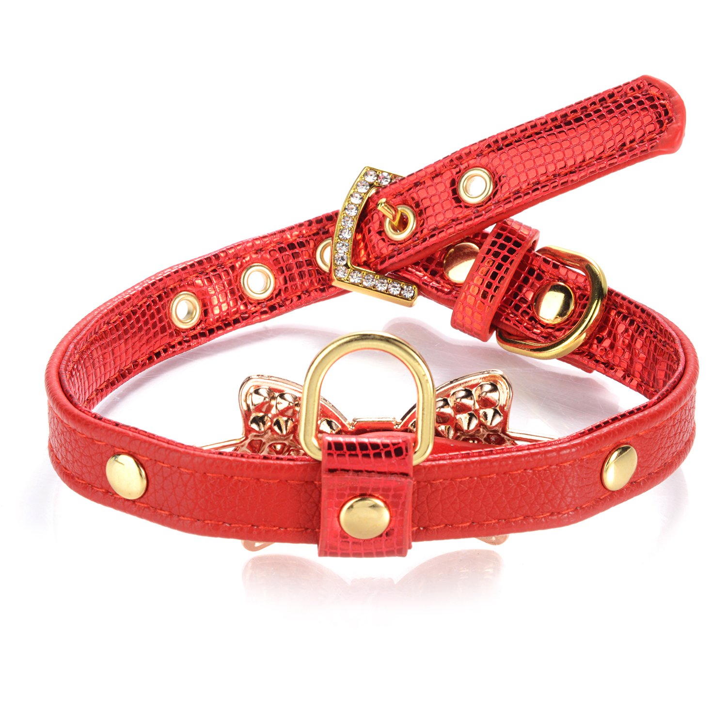 **LOVPE Gold Bling Diamond Glitter Leather Fashion Collar with Ring for Small Dogs & Cats - XS, Red | Walking, Travel, Party & Gifts for Puppy, Kitty, Poodle, Bulldog & Yorkshire Terrier**    *(Use for daily walks, pet parties, travel adventures, and stylish photo shoots!)*