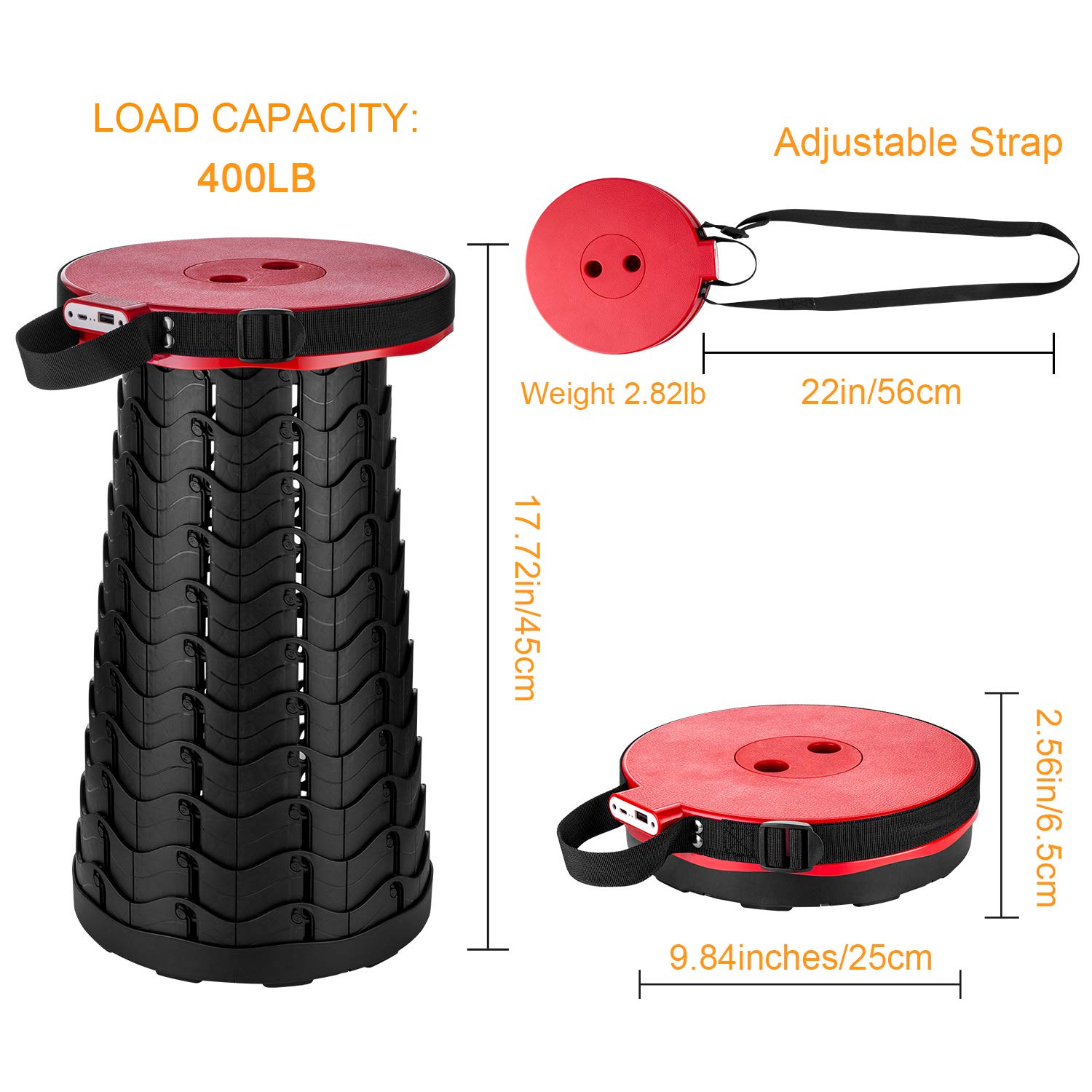 Portable Telescopic Stool with 4400mAh Power Bank - Built-in USB Charger for iPhone & Android Phones - 3rd Gen Foldable Camping Stool for Indoor, Outdoor, Gardening, Hiking & Picnics - Supports 400lbs Weight Capacity (Red)