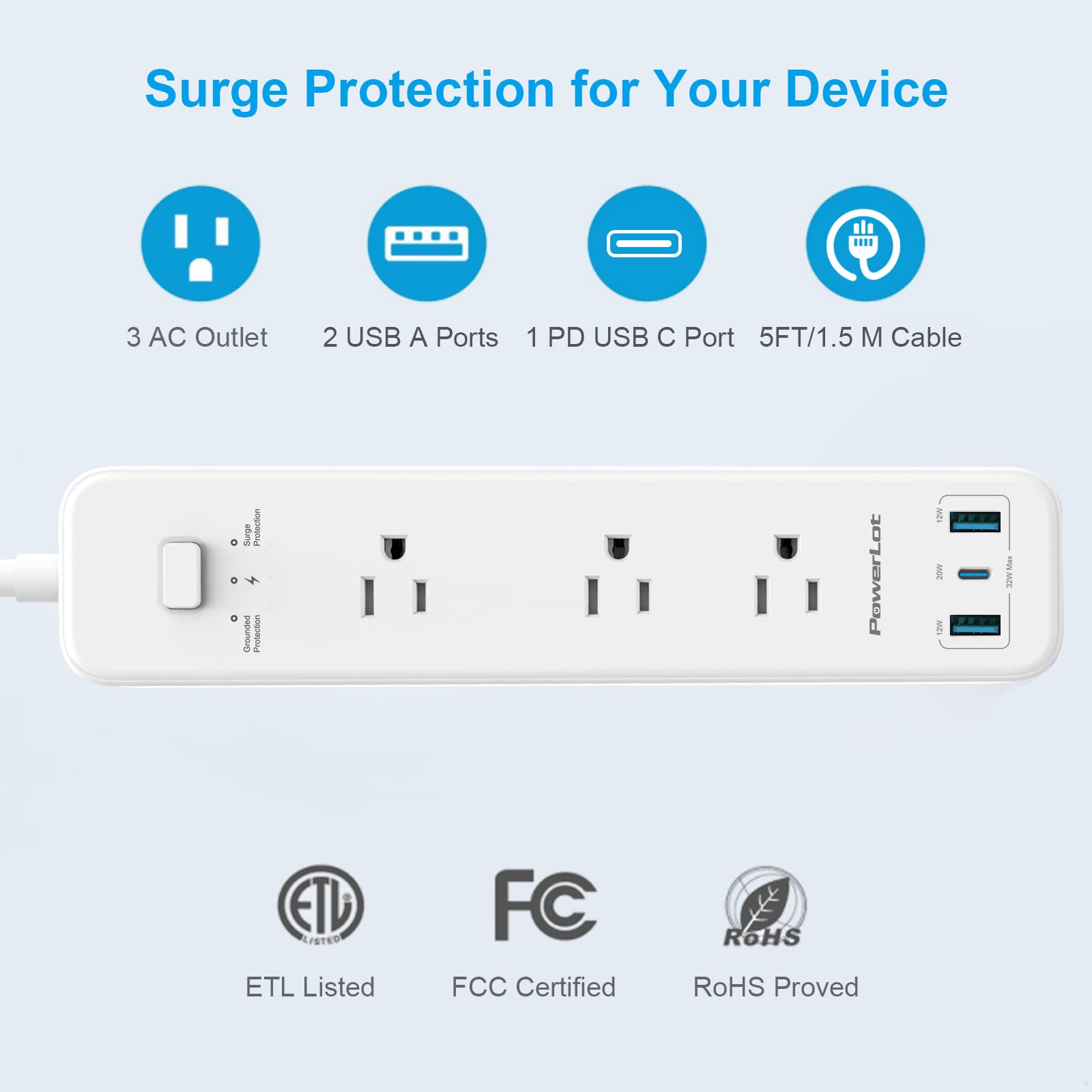 Power Strip with USB Ports - 3 Outlets & 32W USB (1 USB C & 2 USB A) PD Charging, 5ft Extension Cord, Surge Protector - ETL Certified Flat Plug for Home, Office, Dorm Room - Perfect for Charging Phones, Laptops & Tablets Simultaneously