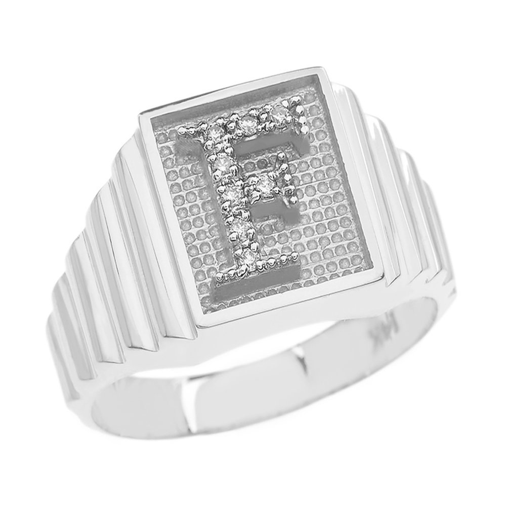 925 Sterling Silver Men's Initial Letter F Ring with Diamond Accents - Square Face Layered Band for Gifts, Engagements & Everyday Wear