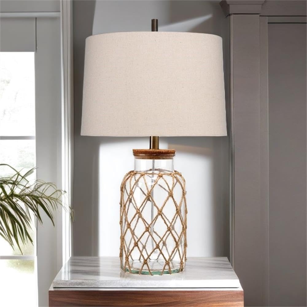 Coastal Rope & Glass Jar Table Lamp with Oatmeal Linen Shade - 3-Way Socket, Clear & Natural Finish - Perfect for Beach House, Farmhouse, or Boho Bedroom Decor
