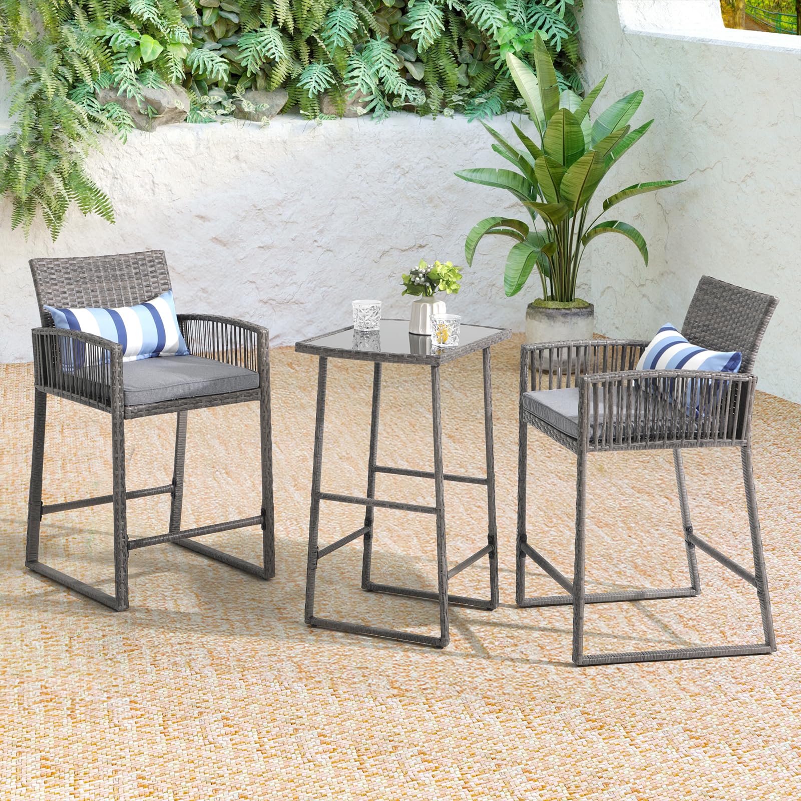 SUNSITT 3-Piece Outdoor Wicker Bar Set - 2 Bar Stools & 1 Pub Table with Grey Rattan, Steel Frame & Striped Pillows - Patio, Garden, Poolside Dining Furniture for Backyard, Deck or Balcony