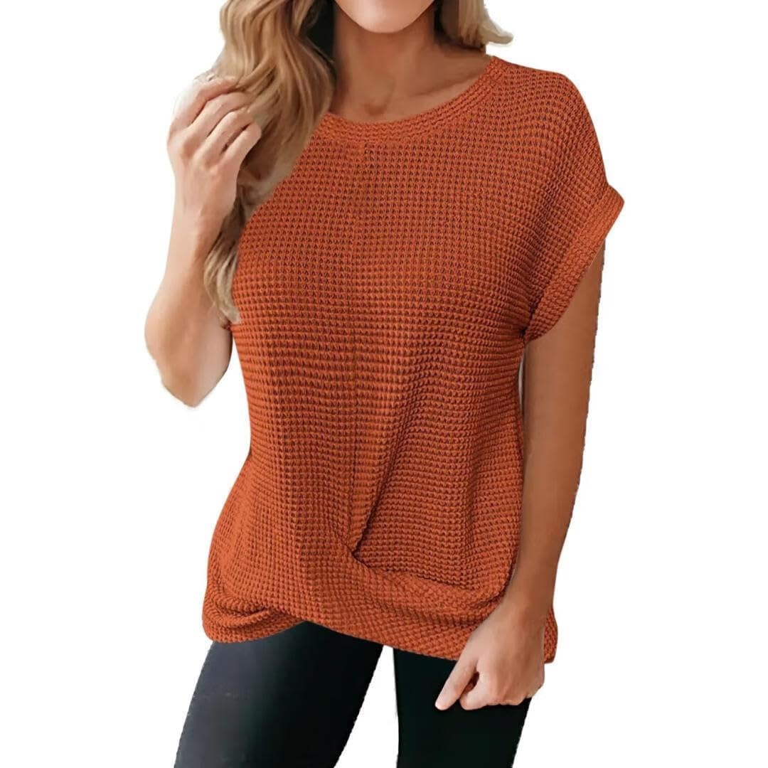 CHARMAP Women's Casual Short Sleeve Twist Knot Waffle Knit T-Shirt - Cute Summer Blouse for Outfits, Dating, Beach & Vacation Wear