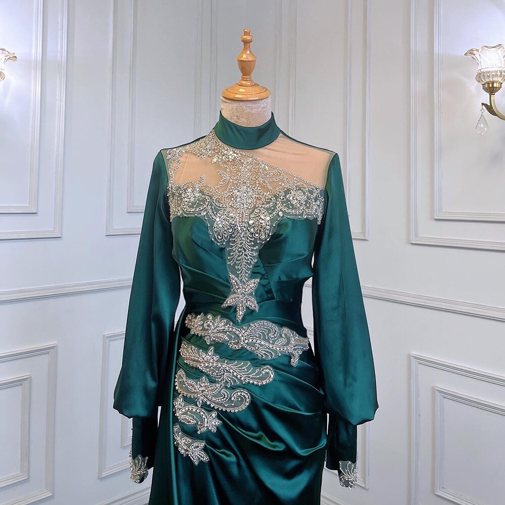 Elegant Green Beaded Muslim Satin Mermaid Evening Dress with Skirt for Women - 2025 Party Gown LA71532 | Perfect for Weddings, Prom, and Formal Events