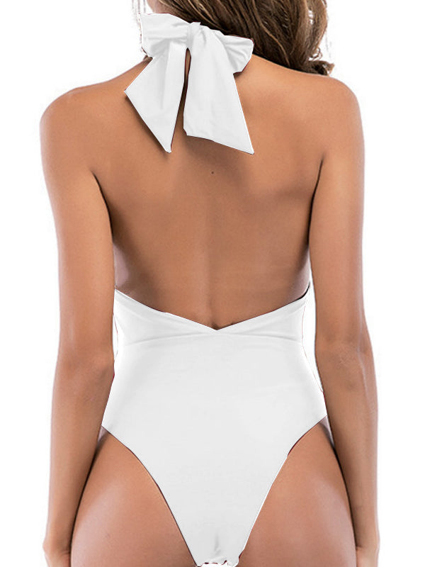 ZASUWA Women's Solid Color Halter Lace Up Backless One Piece Swimsuit - Perfect for Beach Vacation, Pool Party & Summer Fashion