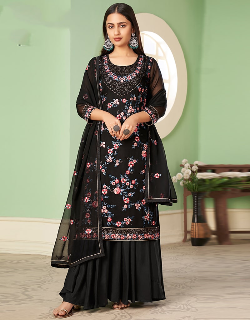 Elegant Black Palazzo Style Suit in Georgette Fabric - Perfect for Office Wear, Formal Events & Evening Occasions