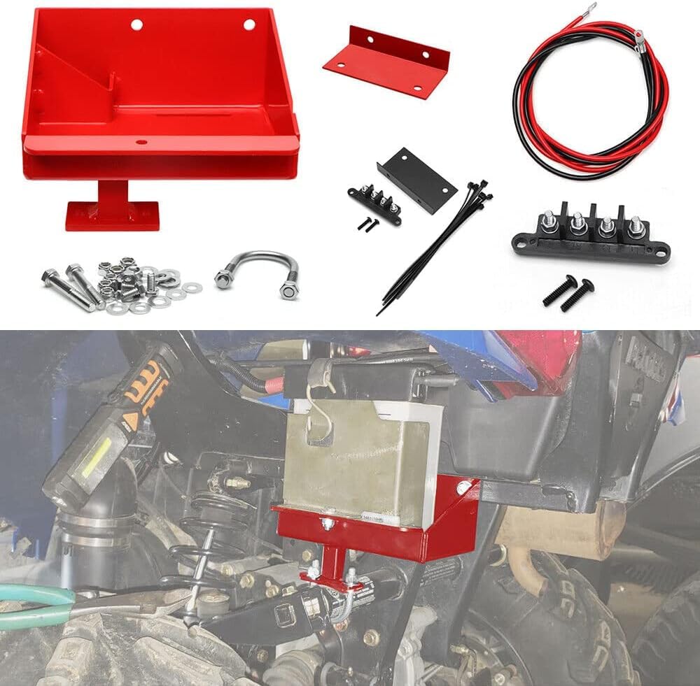Polaris Sportsman 450 570 Battery Relocation Kit (2014-2021) - Aluminum Battery Box Tray with Wires & Remote Terminals - Red - Perfect for Off-Road ATV Upgrades & Custom Installations