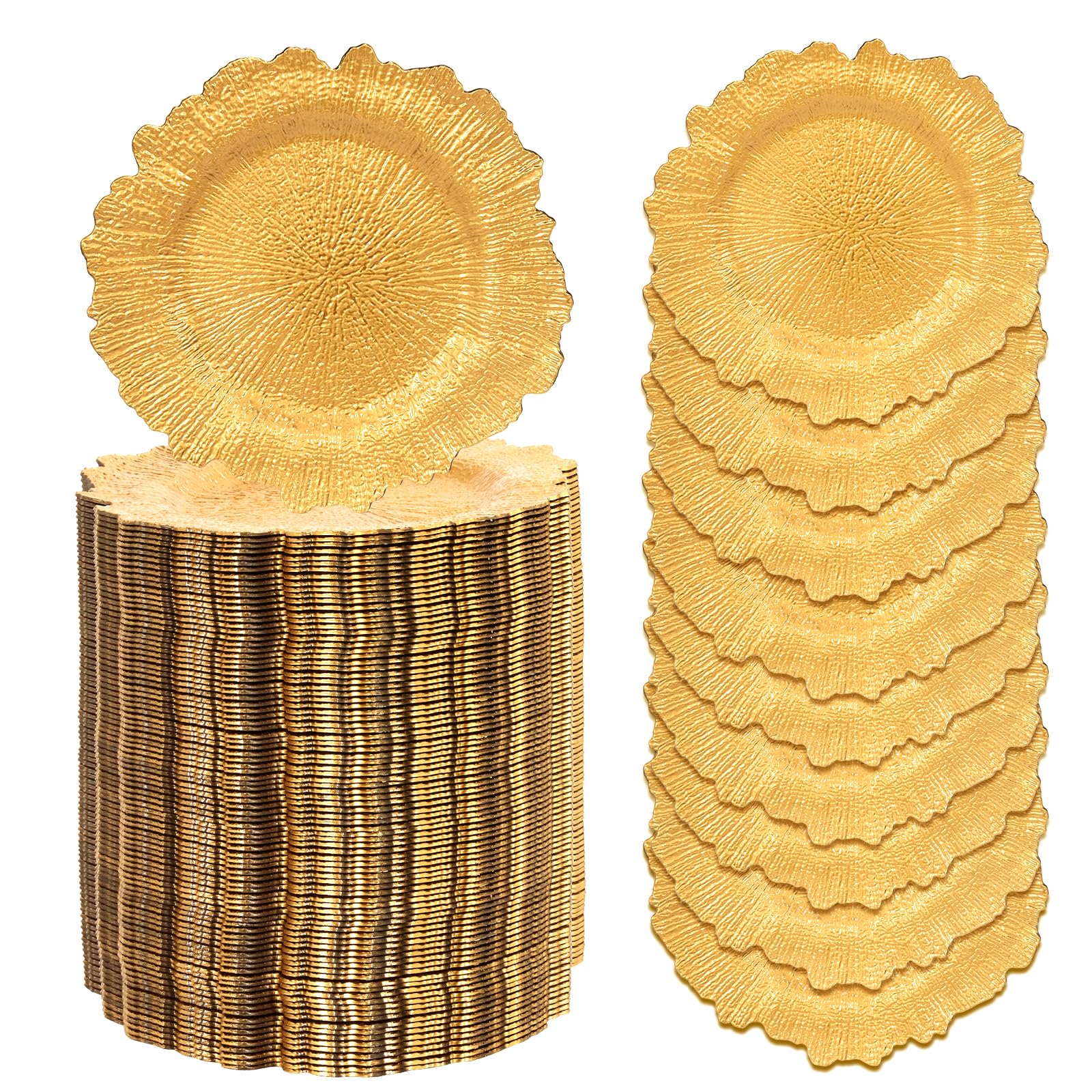 GenMous 100-Pack Gold Charger Plates - 13 Inch Floral Decorative Plastic Metallic Chargers for Wedding, Party & Holiday Table Decor - Perfect for Thanksgiving, Christmas & Formal Dining Events