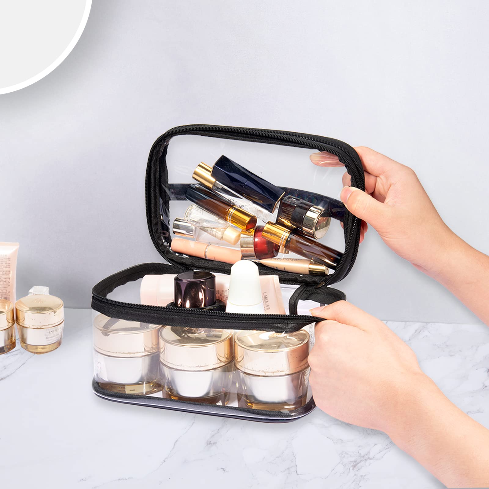 Lermende Large Clear Makeup Bag - 2 Layer Water-Resistant PVC Travel Cosmetic Organizer for Women | Portable Laser Makeup Pouch for Travel, Gym & Daily Use (Black)