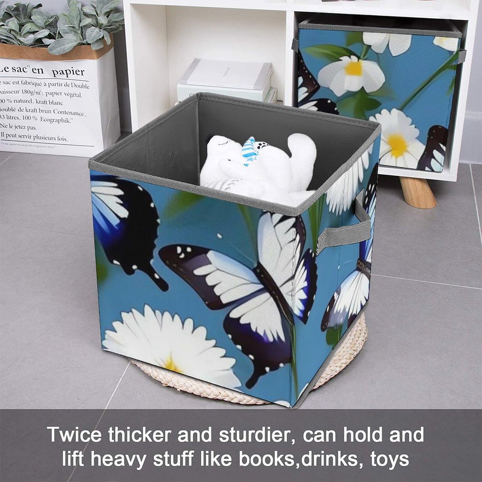 Blue Butterfly & White Floral Pattern Collapsible Storage Bin - 10.6