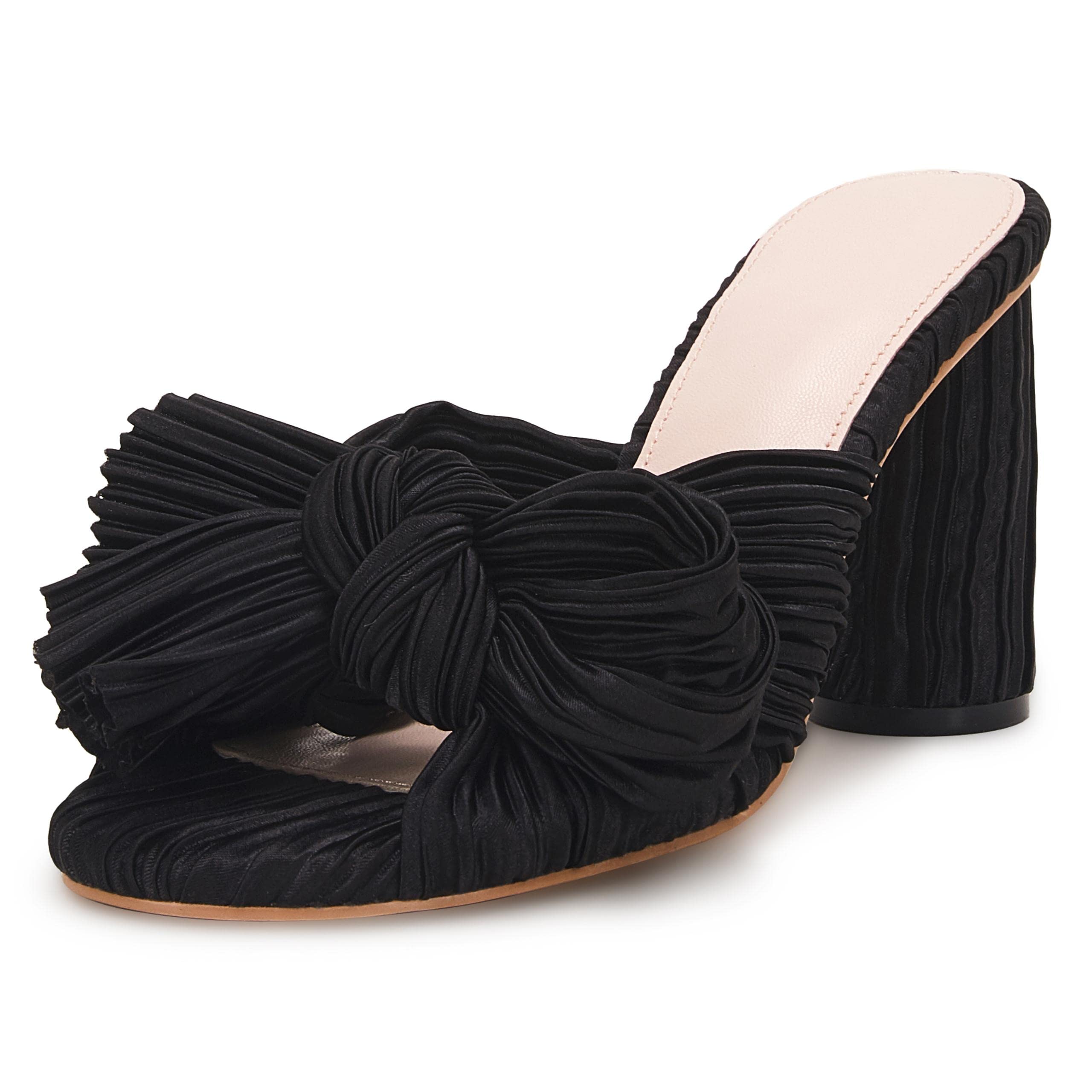 VETASTE Women's Pleated Bow Knot Heeled Sandals - Comfortable Slip-On Open Toe Block Chunky Heel Slides for Wedding, Bridal, Party & Dressy Occasions