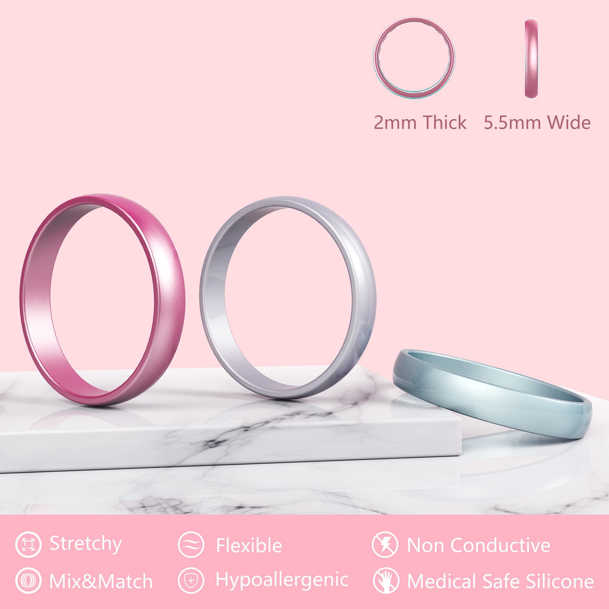 Zollen 10 Pack Women's Silicone Wedding Rings - 5.5mm Metallic Rubber Bands, Stackable Comfort Rings for Active Lifestyle, Gym, Swimming & Everyday Wear