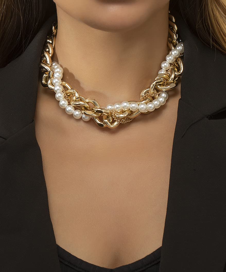 Chunky Cuban Link Pearl Choker Necklace for Women - Hip Hop Jewelry Gift