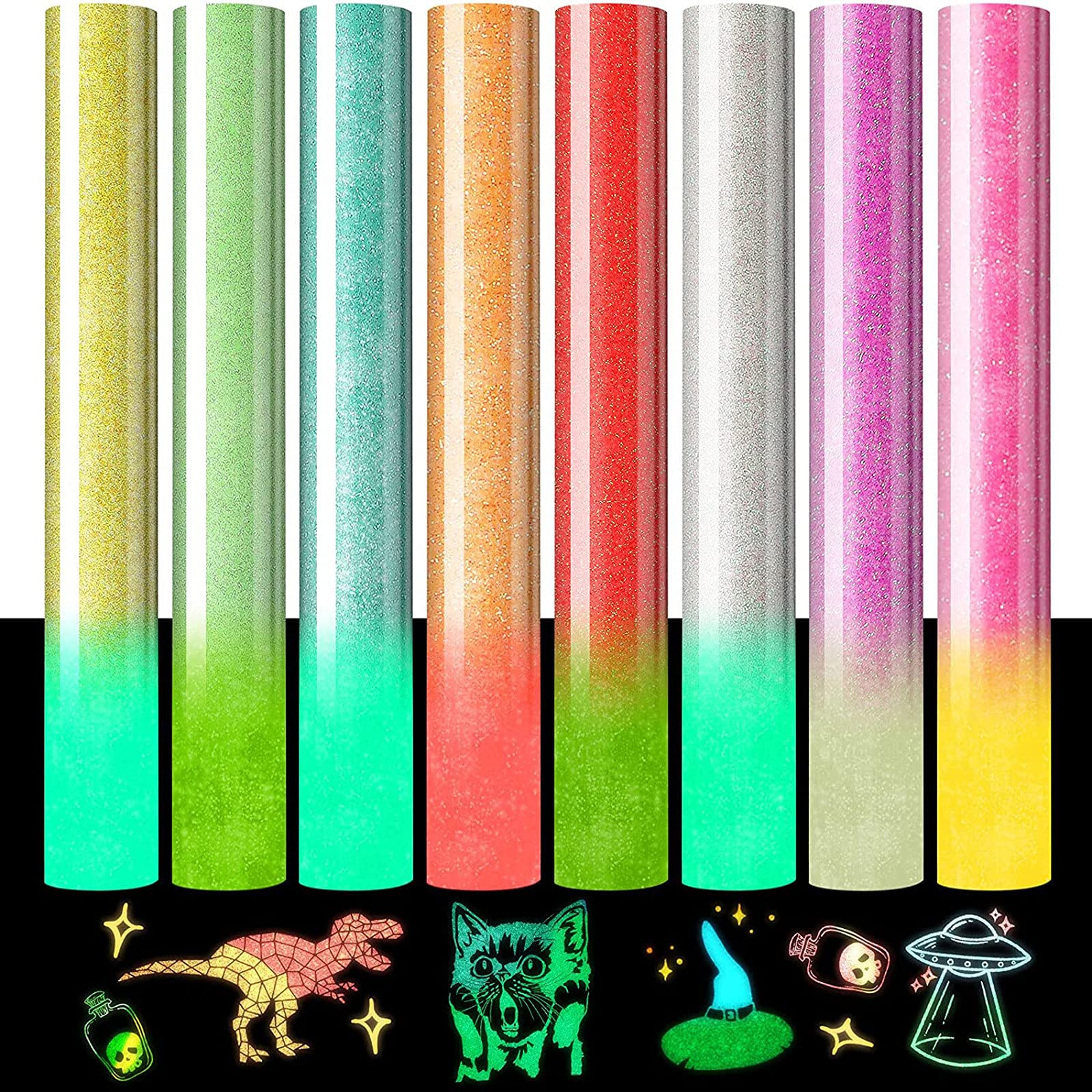 Glitter HTV Heat Transfer Vinyl Bundle - Glow in The Dark & Color Changing Vinyl for DIY Crafts, T-Shirts, Fabric - Perfect for Heat Press Machine & Iron On Projects (1pc)