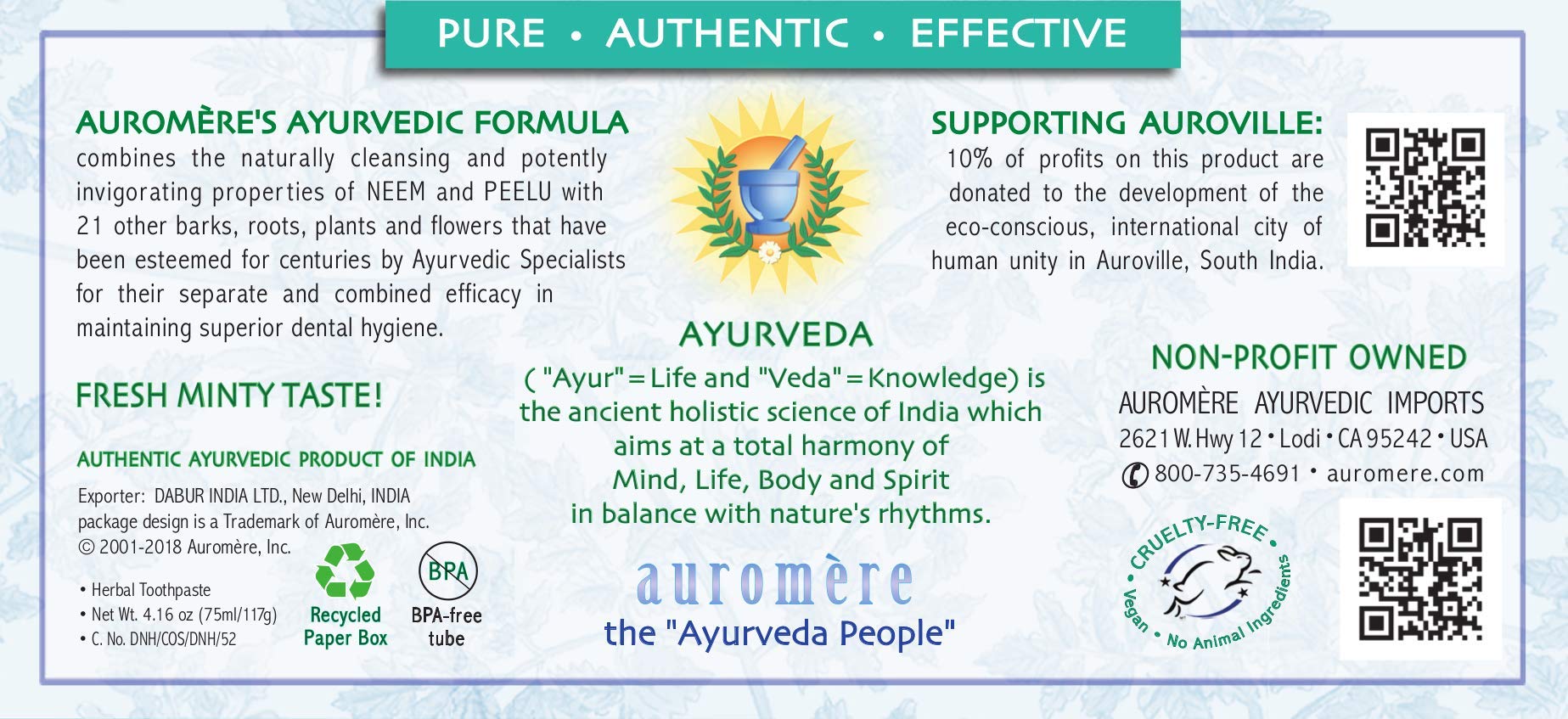 Auromere Ayurvedic Herbal Toothpaste - Fresh Mint Flavor, Vegan, Natural, Non-GMO, Fluoride & Gluten Free with Neem & Peelu (4.16 oz, 2 Pack) | Organic Tooth Care for Sensitive Teeth & Gum Health | Perfect for Daily Oral Hygiene & Ayurvedic Lifestyle