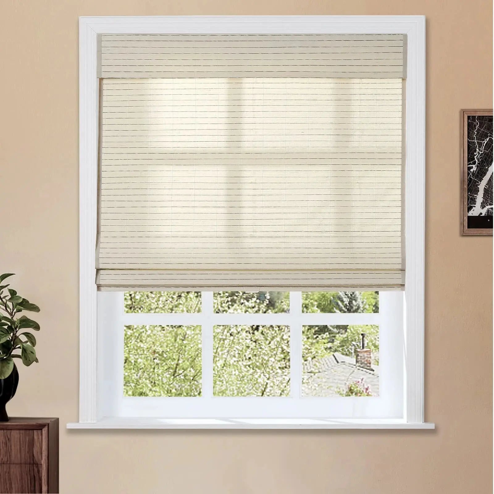 Natural Ramie Bamboo Woven Window Shade - Beige White Color for Living Room, Bedroom & Office Privacy
