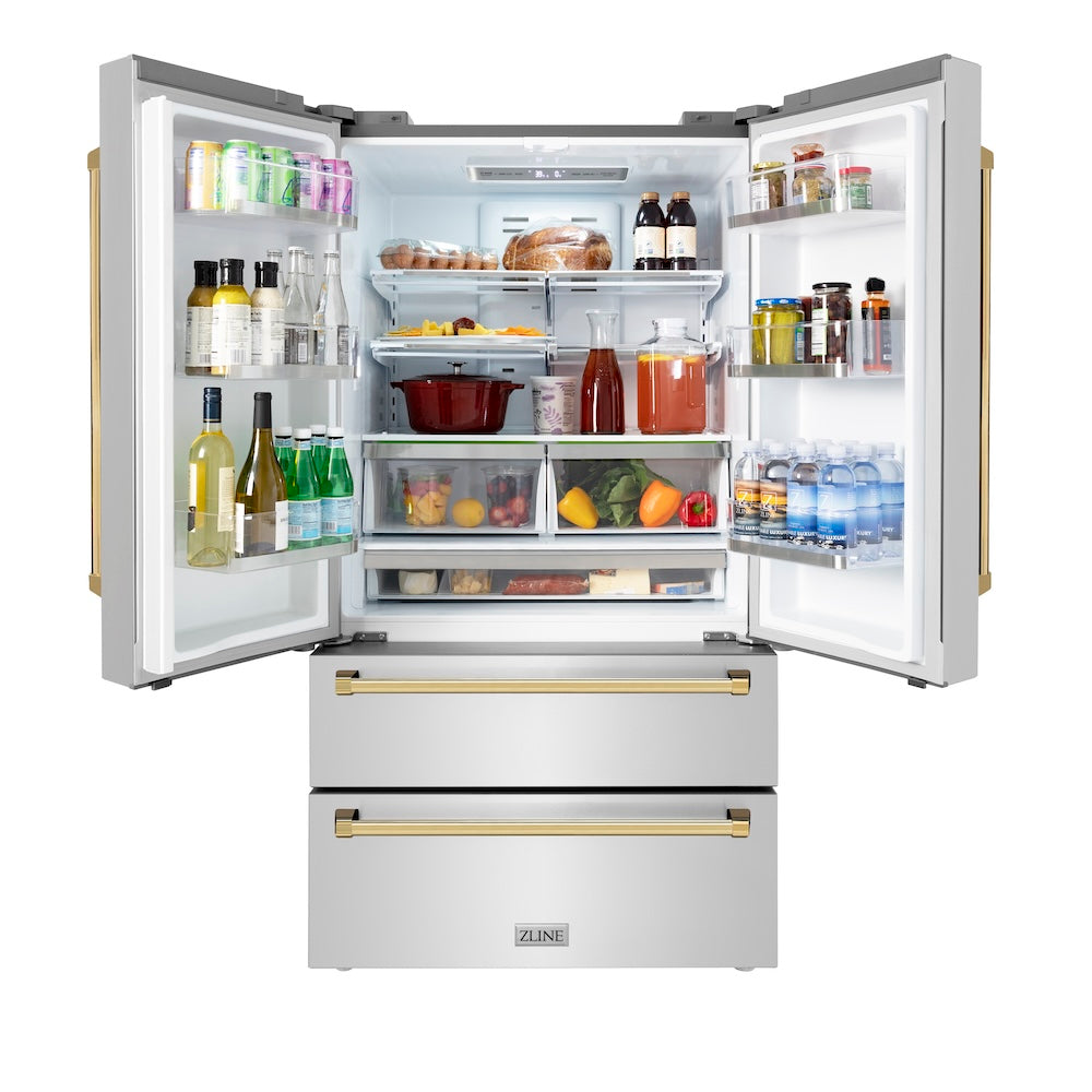 ZLINE Autograph Edition 36 Inch Counter Depth French Door Refrigerator - 22.5 cu. ft. Capacity, Fingerprint Resistant Stainless Steel with Polished Gold Handles, Built-in Ice Maker (RFMZ 36 G) - Perfect for Modern Kitchens and Open Concept Living Spaces