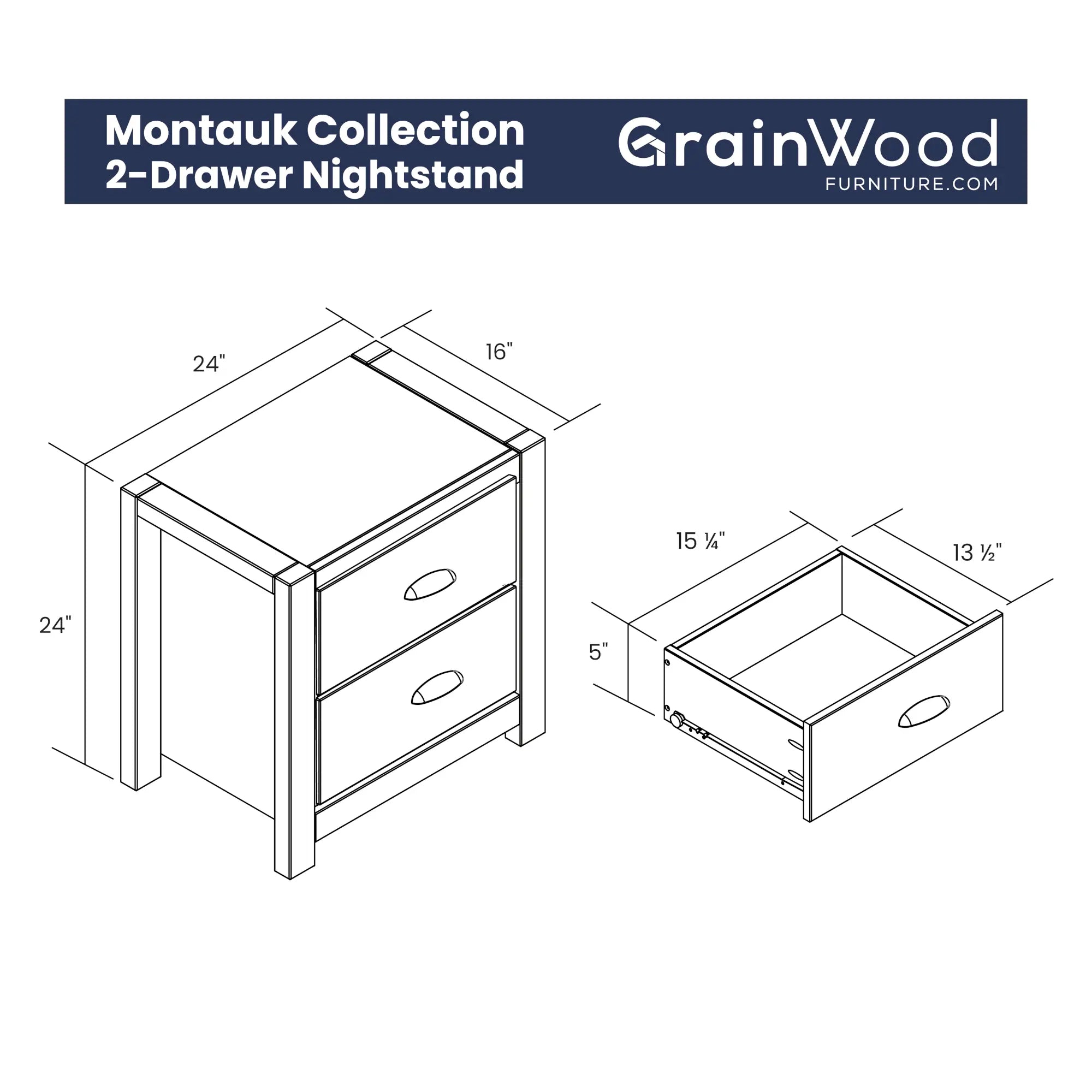 Montauk Two Drawer Nightstand - Solid Wood Bedside Table with Storage, Modern Bedroom Furniture for Small Spaces - Perfect for Apartments, Dorms & Guest Rooms