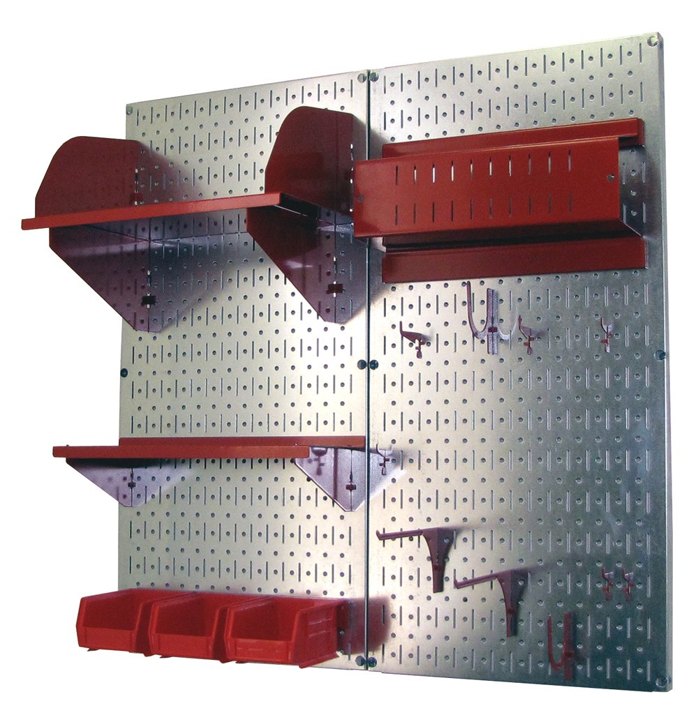 Wall Control Craft & Hobby Pegboard Organizer Storage Kit with Metallic Pegboard & Red Hooks - Perfect for Garage, Workshop & Craft Room Organization