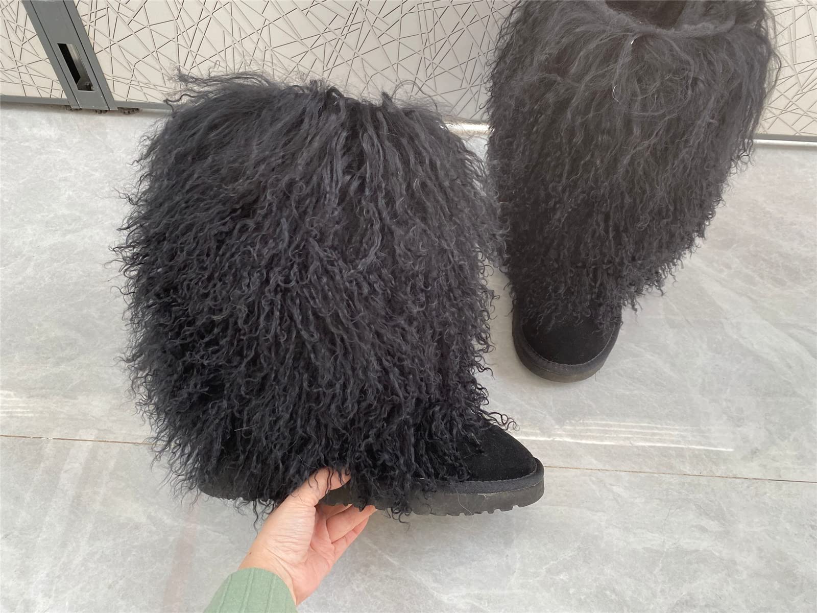 **Genuine Mongolian Lamb Fur Snow Boots for Women - Winter Warm Fuzzy Booties with Tibetan Sheep Fur Lining - Waterproof Mid Calf Yeti Boots for Outdoor & Indoor Use - Perfect for Snowy Days, Casual Wear & Fashion (Size 10, Black)**