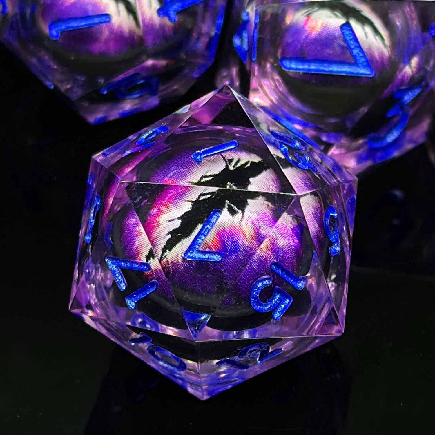 HAOMEJA 7-Piece Resin Dragon Eye DND Dice Set - Sharp Edge Polyhedral RPG Dice for Dungeons & Dragons (D20, D12, D10, D100, D8, D6, D4) with Storage Bag - Perfect for Tabletop Gaming, D&D Campaigns & Fantasy Roleplaying (Purple & Eye Purple)