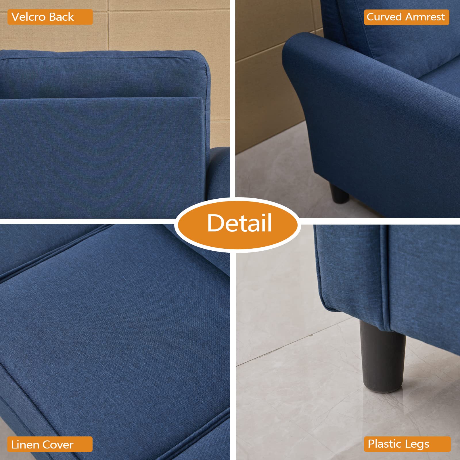 Modern Linen Loveseat Sofa - Comfortable Blue Couch for Living Room, Office & Bedroom - Perfect for Small Spaces, Apartments and Cozy Home Decor