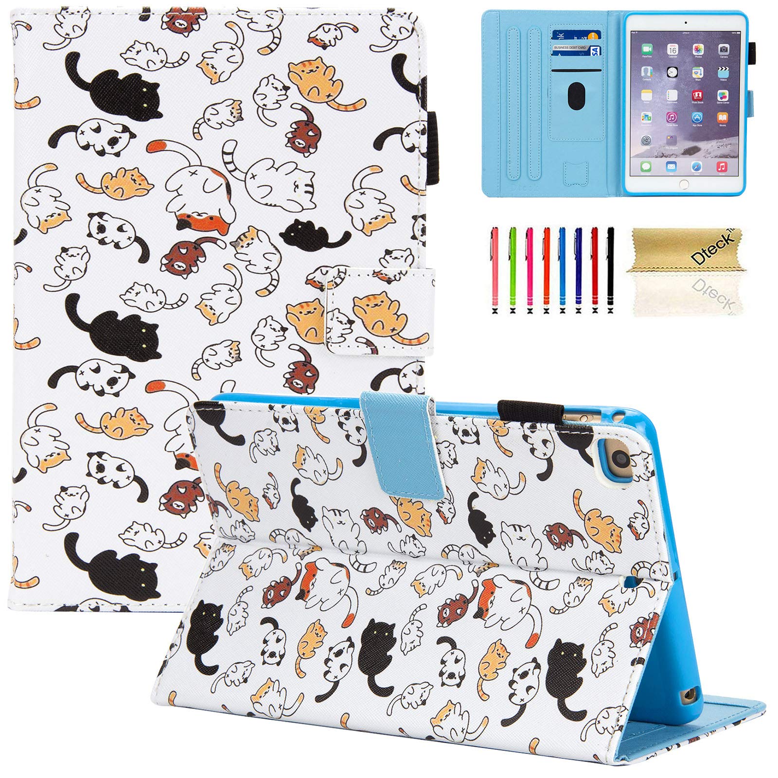 Dteck Premium Leather Smart Folio Stand Case for iPad Mini 4 & iPad Mini 5 (5th Gen 7.9 inch) - Slim Protective Cover with Pencil Holder, Auto Sleep/Wake, Multi-Angle Viewing - Cute Cat Design - Perfect for Work, Study & Travel