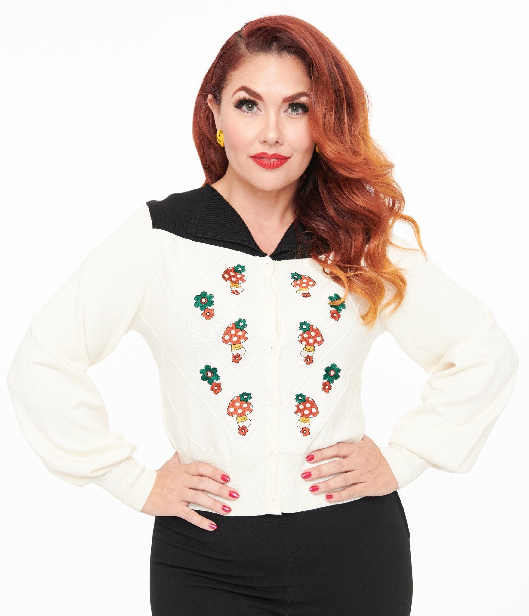 Vintage 1960s Smak Parlour Ivory & Black Embroidered Mushroom Cardigan Sweater - Retro Boho Fashion for Women, Perfect for Music Festivals & Casual Outfits