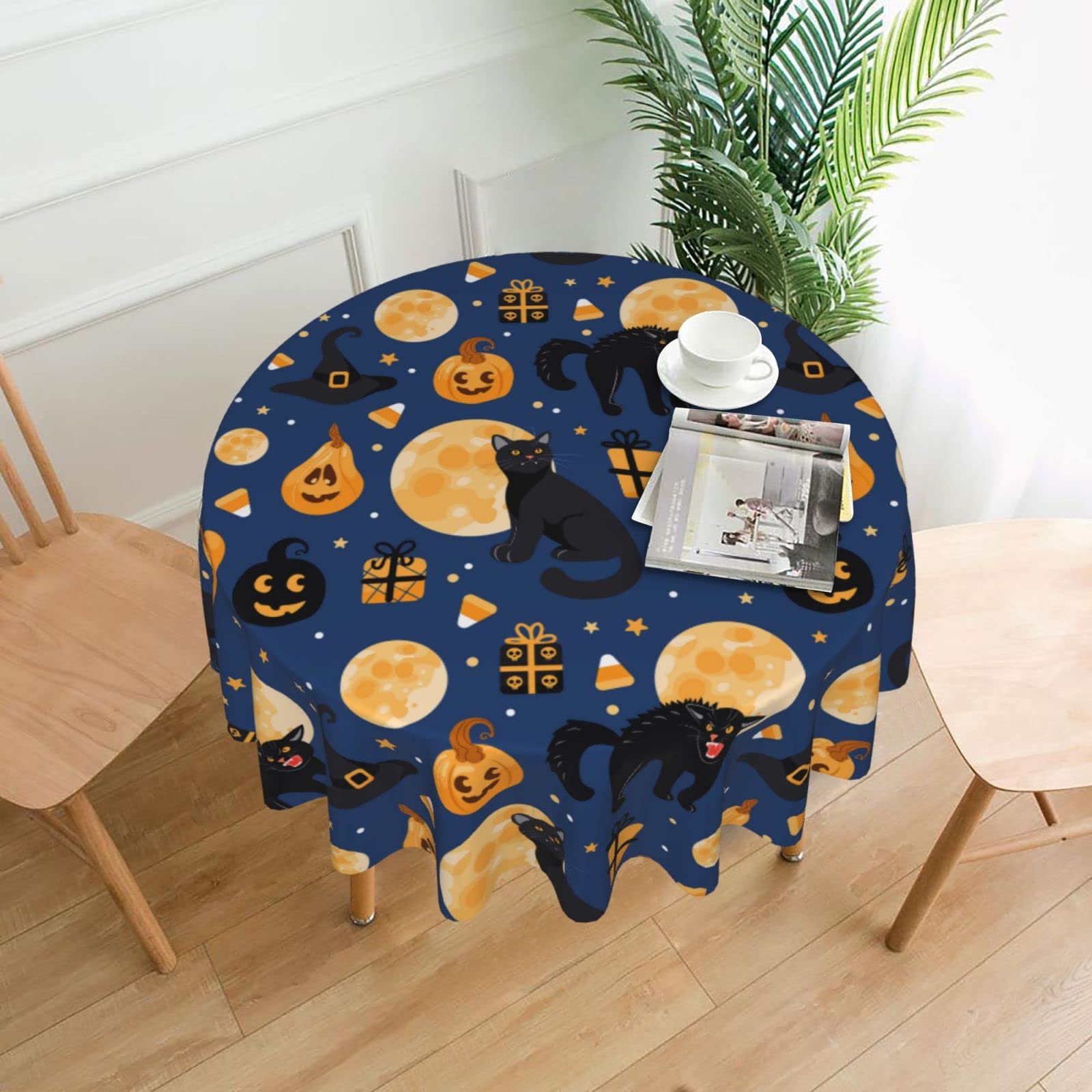 Halloween Round Tablecloth 60 Inch - Washable Polyester Kitchen Table Cover for Party, Picnic & Dining Decor | Spooky Halloween Decorations for Home, Office & Outdoor Events