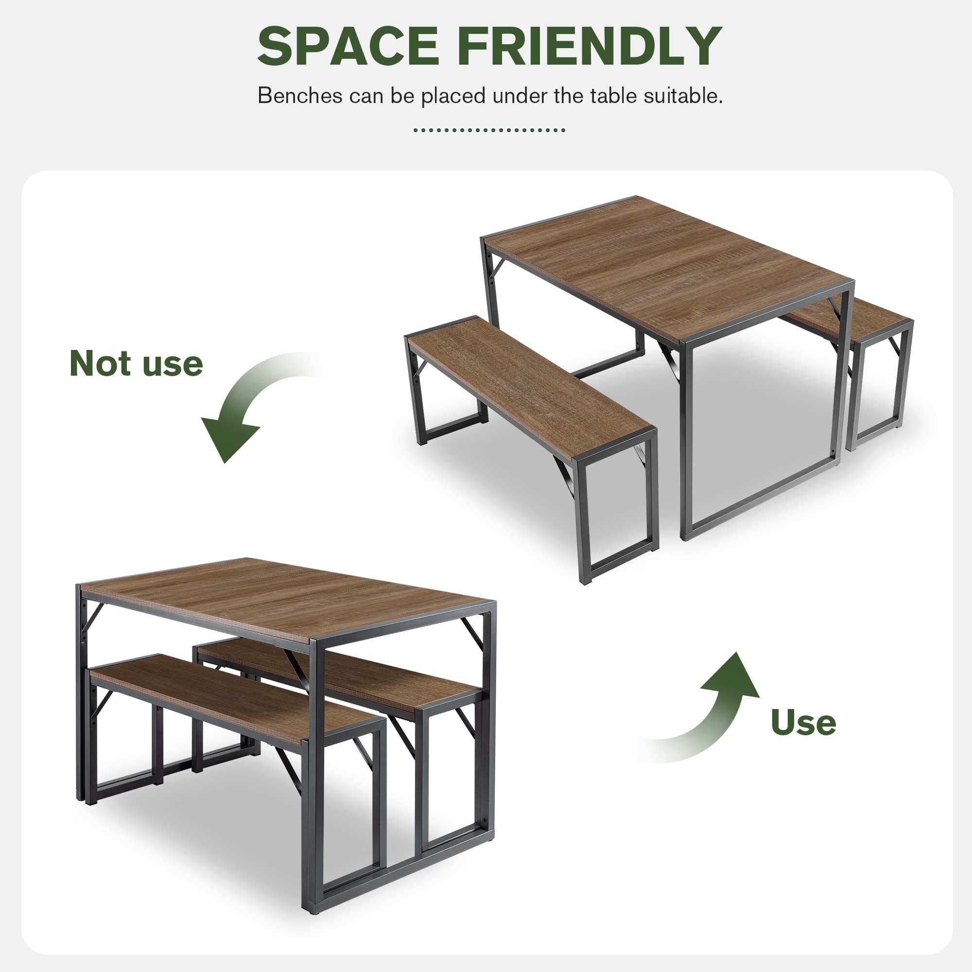 IMUsee 47.2 Inch 3-Piece Dining Table Set for 4 with Benches - Heavy Duty Metal Frame, Space Saving Kitchen Dinette Set with Wood Tabletop & Gray Legs - Perfect for Small Apartments, Breakfast Nooks and Cozy Dining Areas