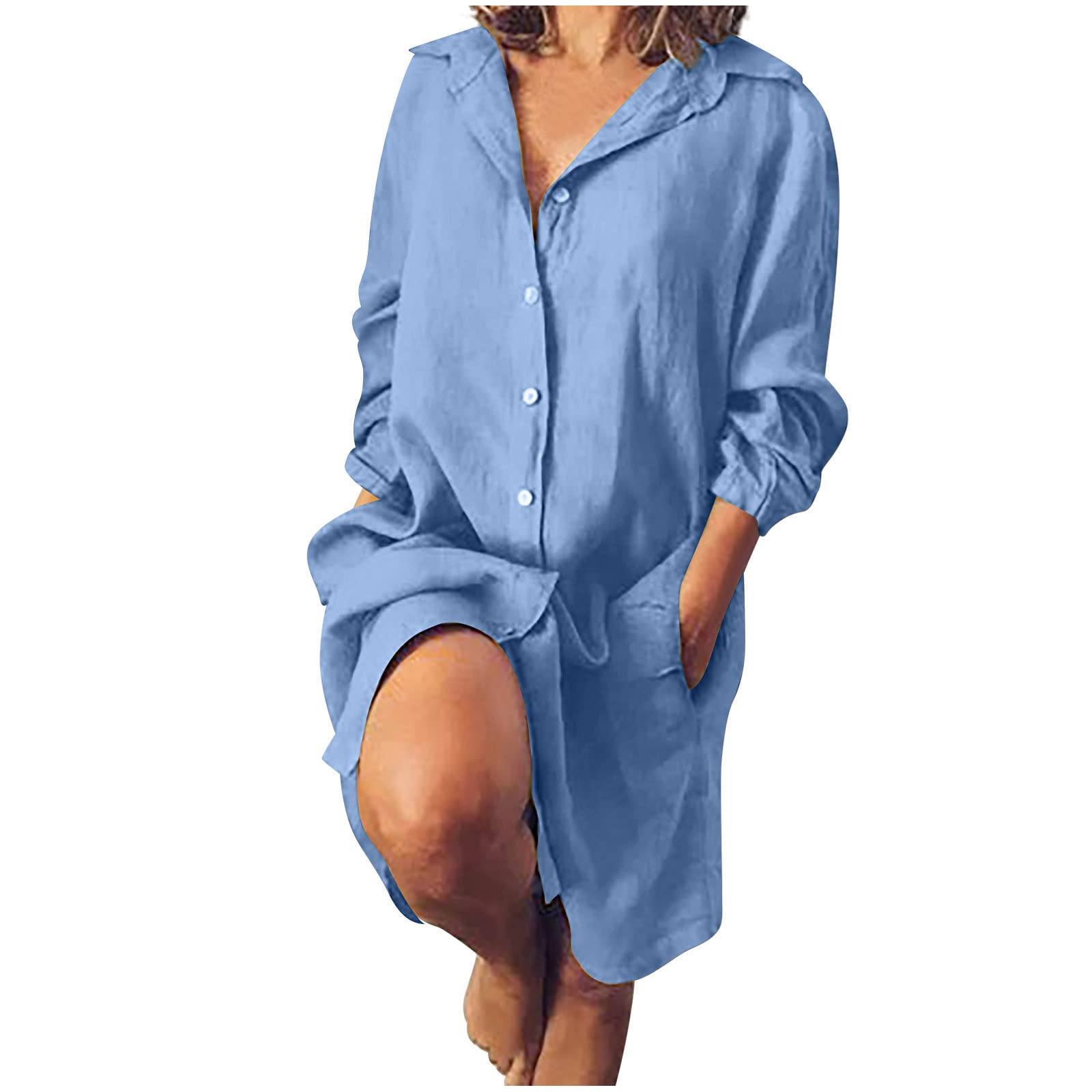 Women's Casual Solid Color Loose Fit Long Sleeve Cardigan Dress with Double Pockets - Cotton Linen Blend for Holiday, Travel, and Everyday Wear