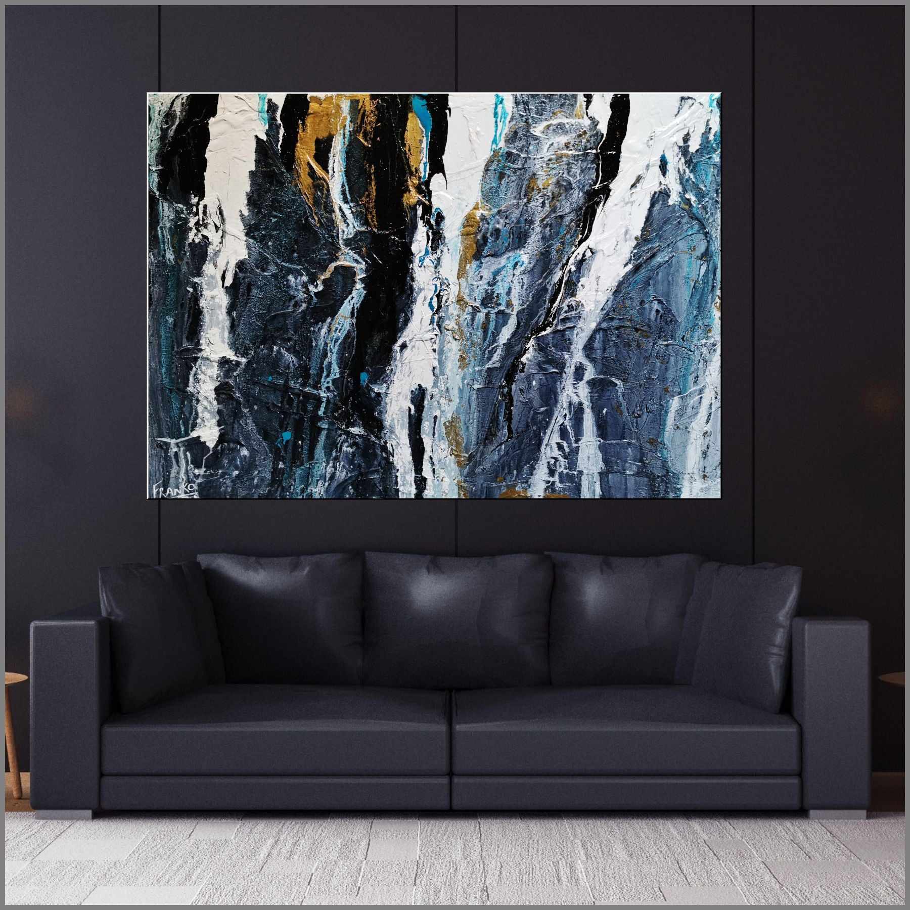 Golden Cobalt Granite 140x100cm Grey Black Textured Abstract Wall Art Painting - Modern Home Decor for Living Room, Bedroom & Office