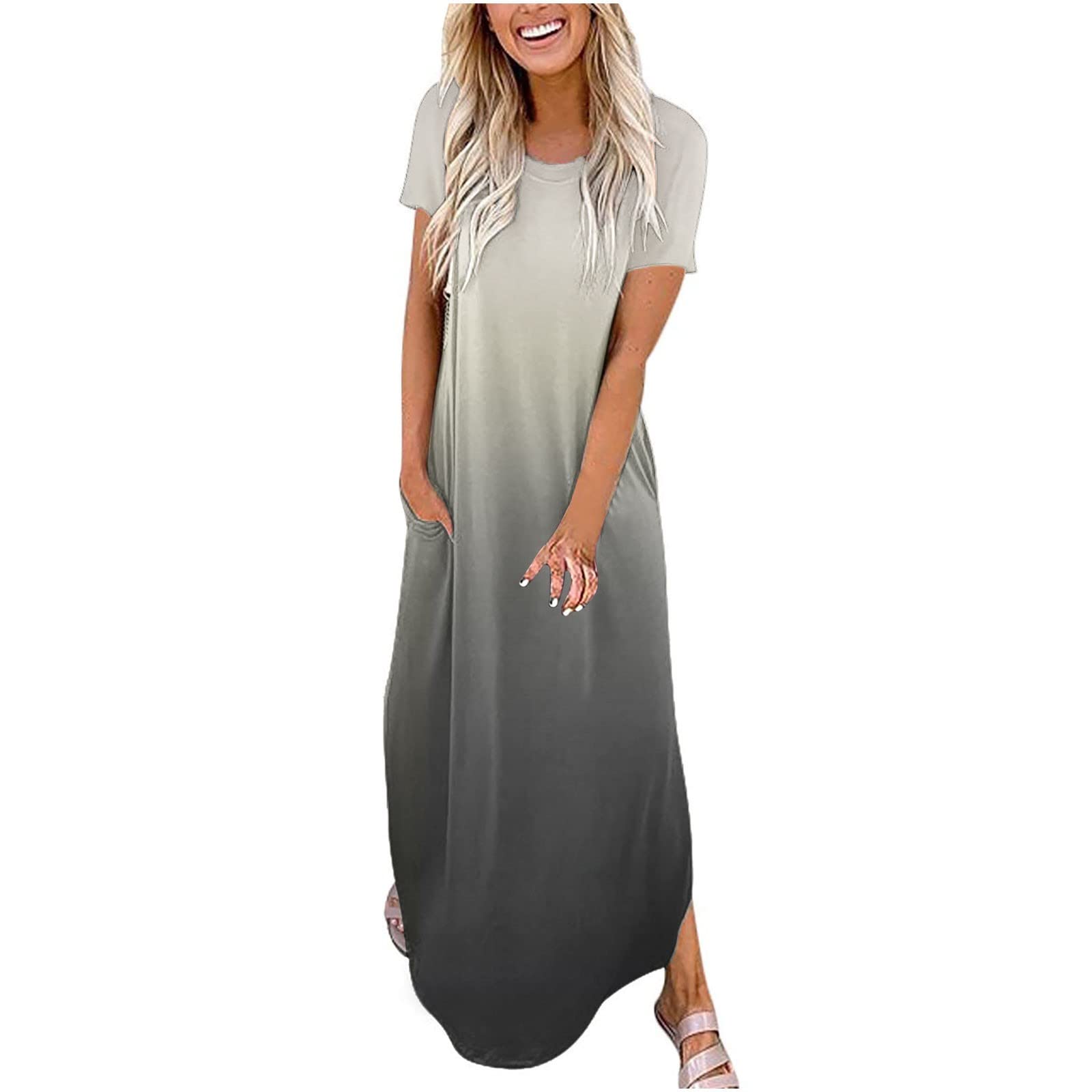 Women's Summer Casual Maxi Sun Dresses - Cross Round Neck Short Sleeve with Slit for Beach Vacation & Outdoor Parties