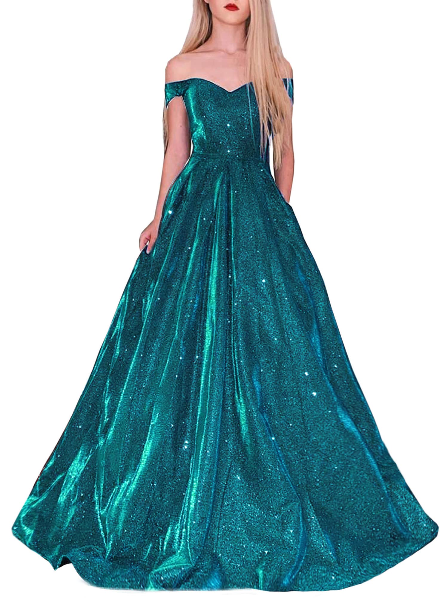 Topfountonart Women's Off Shoulder Glitter Prom Dress - Elegant Formal Evening Gown with Pockets | Perfect for Homecoming, Wedding Guest, Cocktail Party & Special Occasions