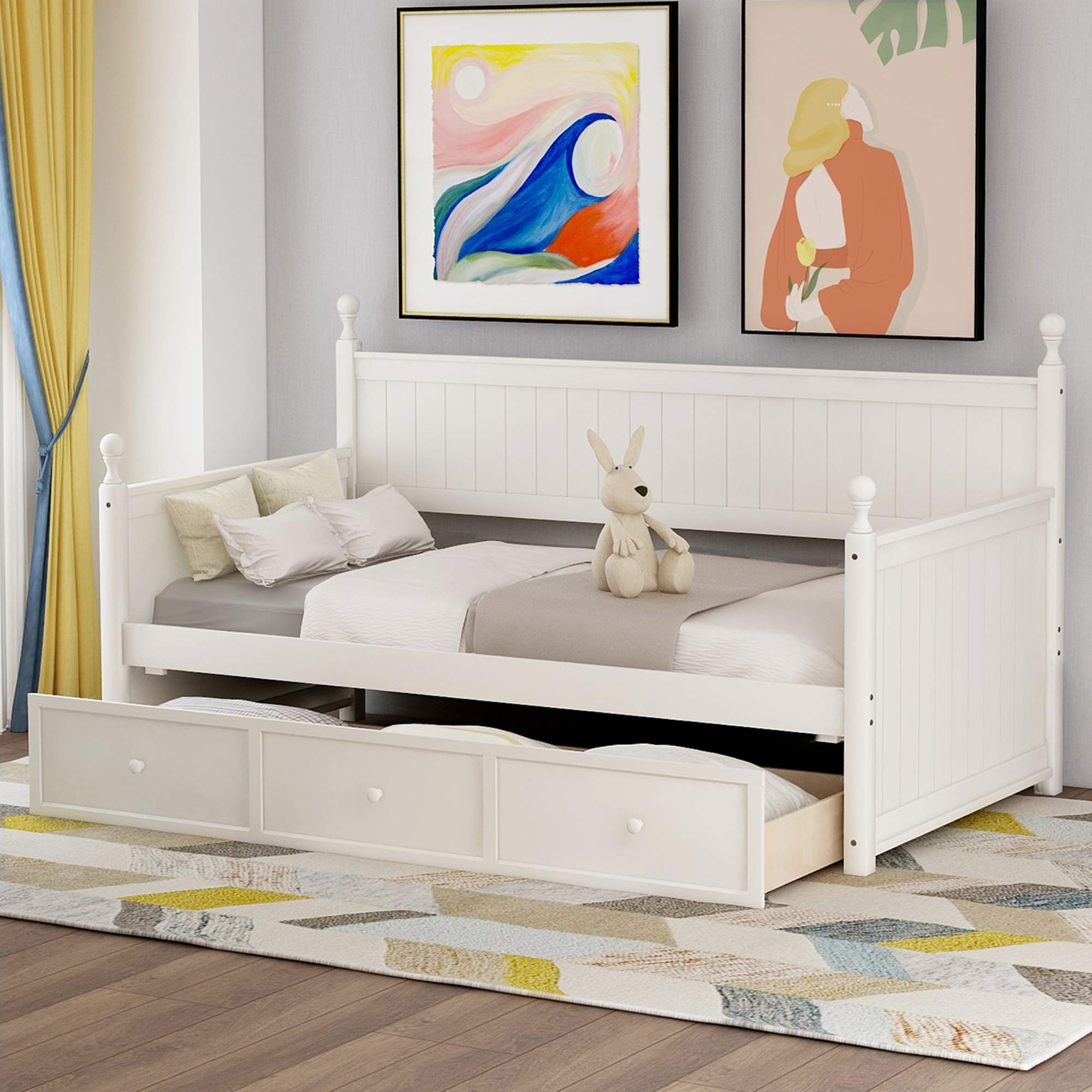 Solid Wood Twin Size Daybed with Drawers - Multi-Functional Sofa Bed for Kids & Guest Room - White Wooden Daybed Frame - Perfect for Small Spaces, Dorm Rooms & Home Offices