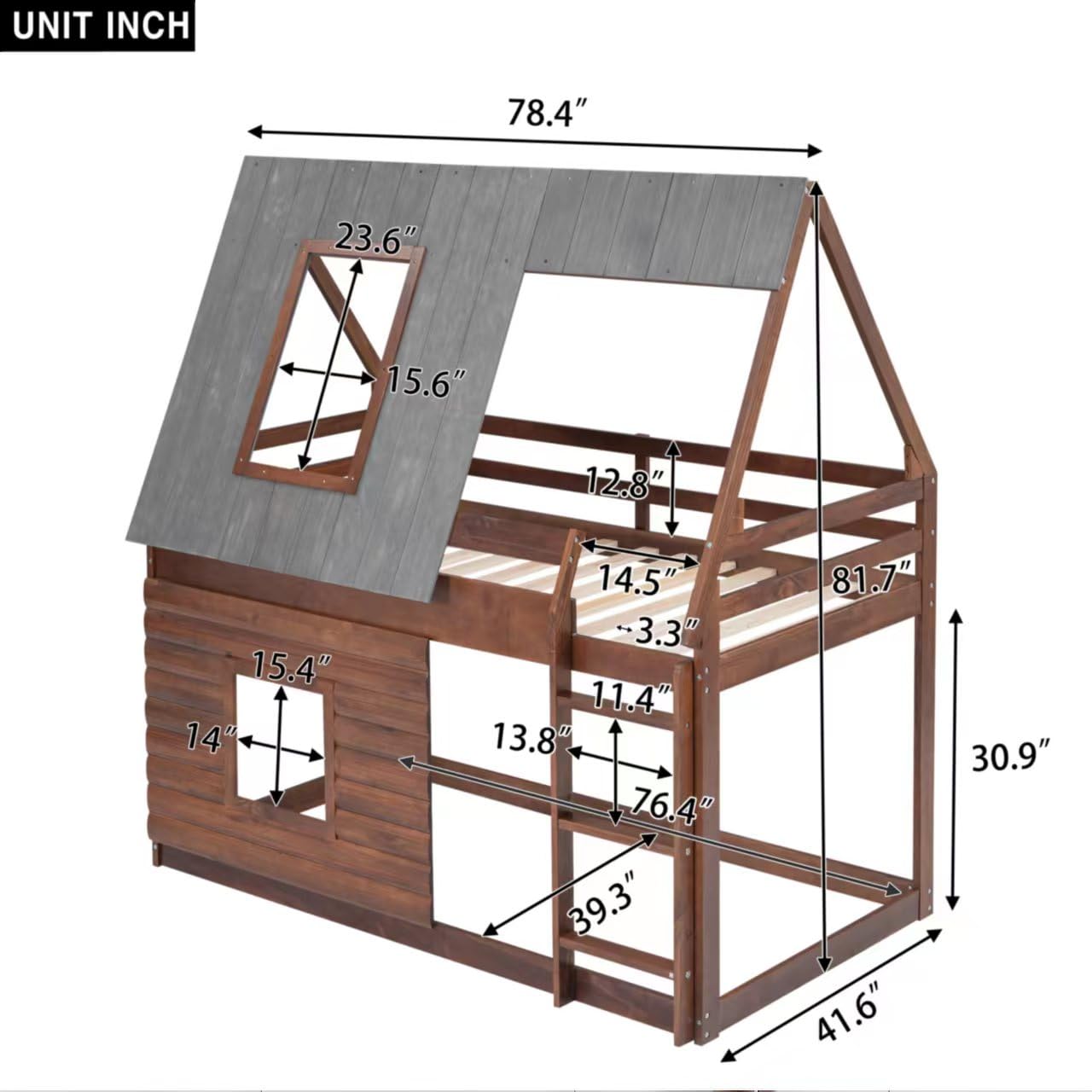 P PURLOVE Twin Over Twin Kids House Bunk Bed with Roof - Wooden Loft Bed Frame with 2 Windows & Ladder - Space-Saving House-Shaped Bunk Bed for Children's Bedroom, Playroom or Small Spaces