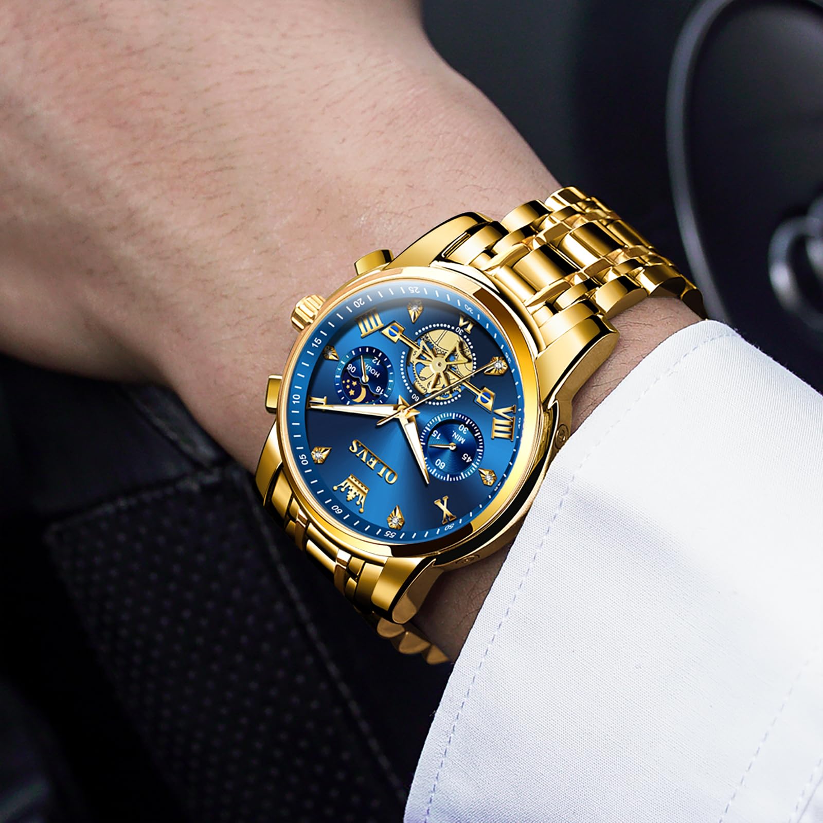 OLEVS Men's Stainless Steel Chronograph Watch - Waterproof Analog Quartz Watch with Diamond Roman Numerals, Gold/Black/White/Blue/Grey Dial - Perfect for Business, Formal Events & Everyday Wear