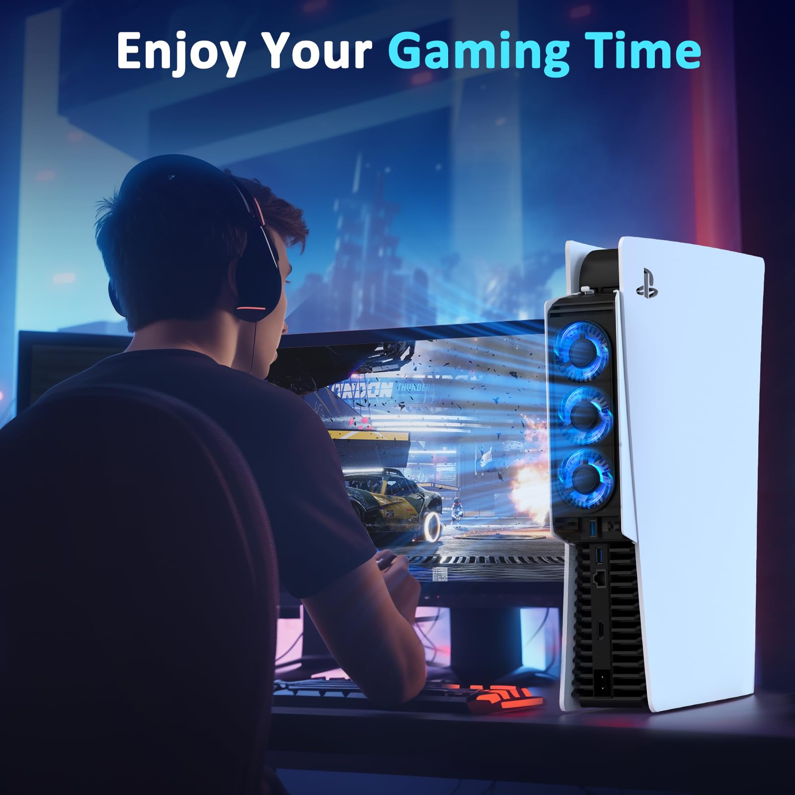 PS5 Cooling Fan with LED Lights & Auto Temperature Sensor - Quiet USB 3.0 Cooling System for PS5 Digital/Disc Edition - Prevent Overheating for Long Gaming Sessions