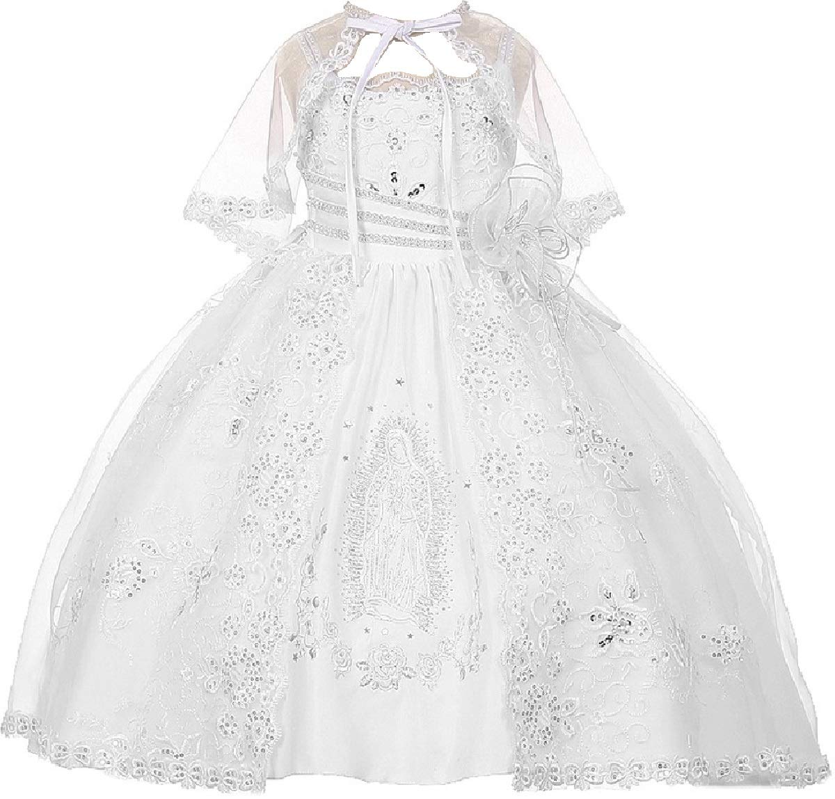 BluNight Collection Spaghetti Strap Virgin Mary Embroidered Baptism Dress for Baby Girls - Perfect for Christening, First Communion & Special Occasions